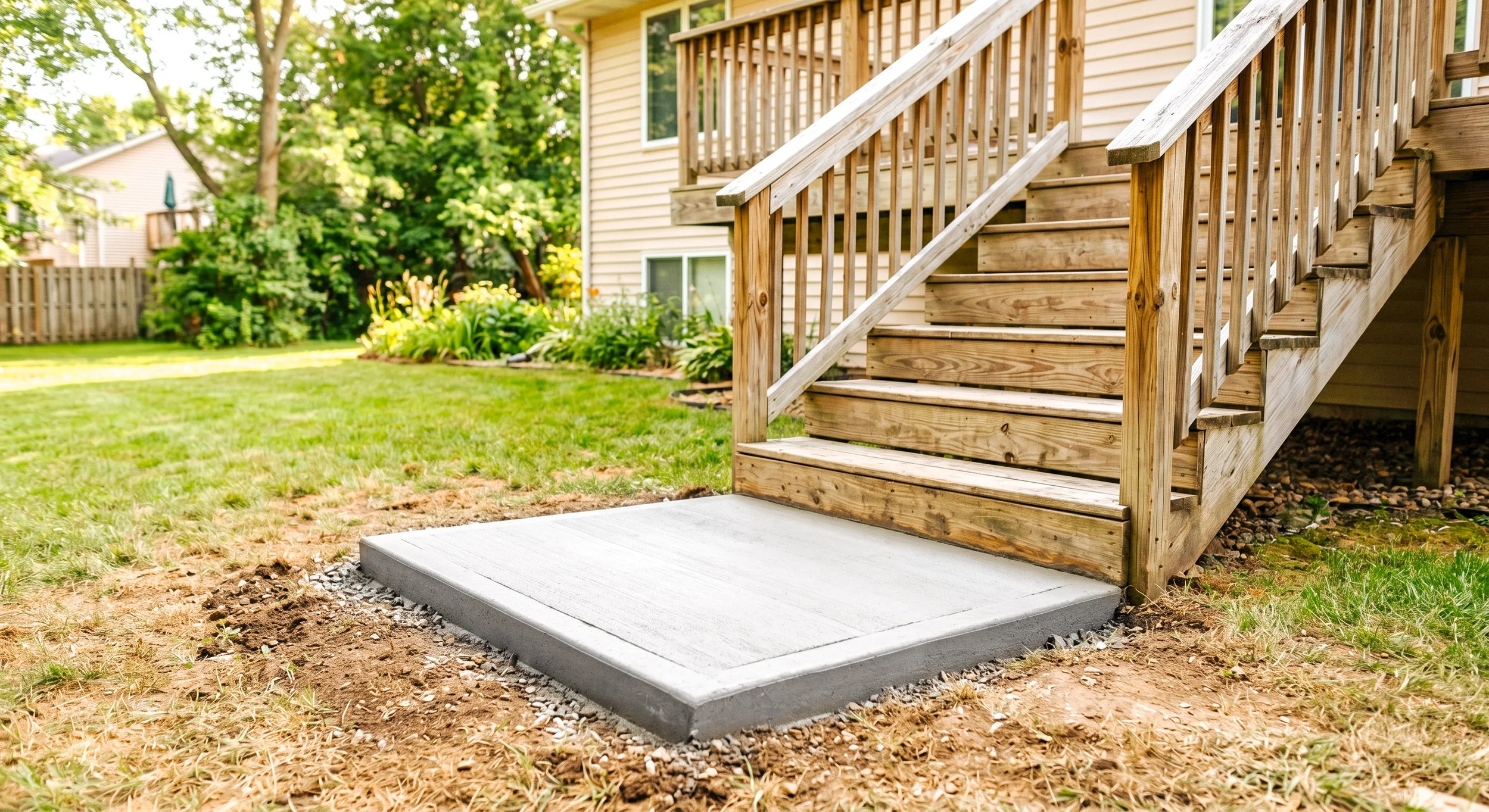 Backyard scene with a wooden staircase leading to the porch of a beige house, surrounded by green trees and grass.