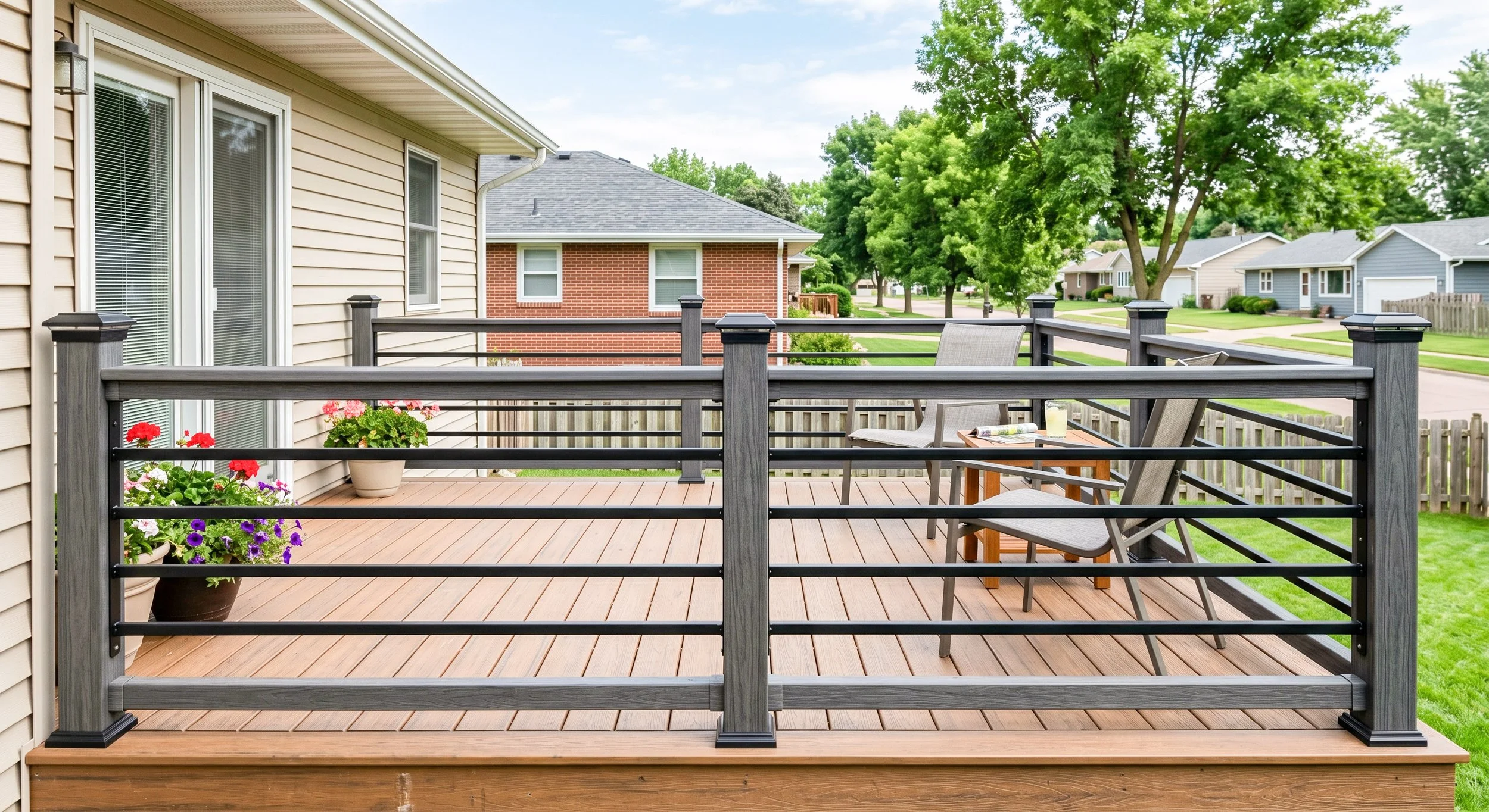 A backyard deck with outdoor chairs and a table with a drink, surrounded by a wooden fence and flower pots, overlooking a suburban neighborhood with neatly kept lawns and trees.