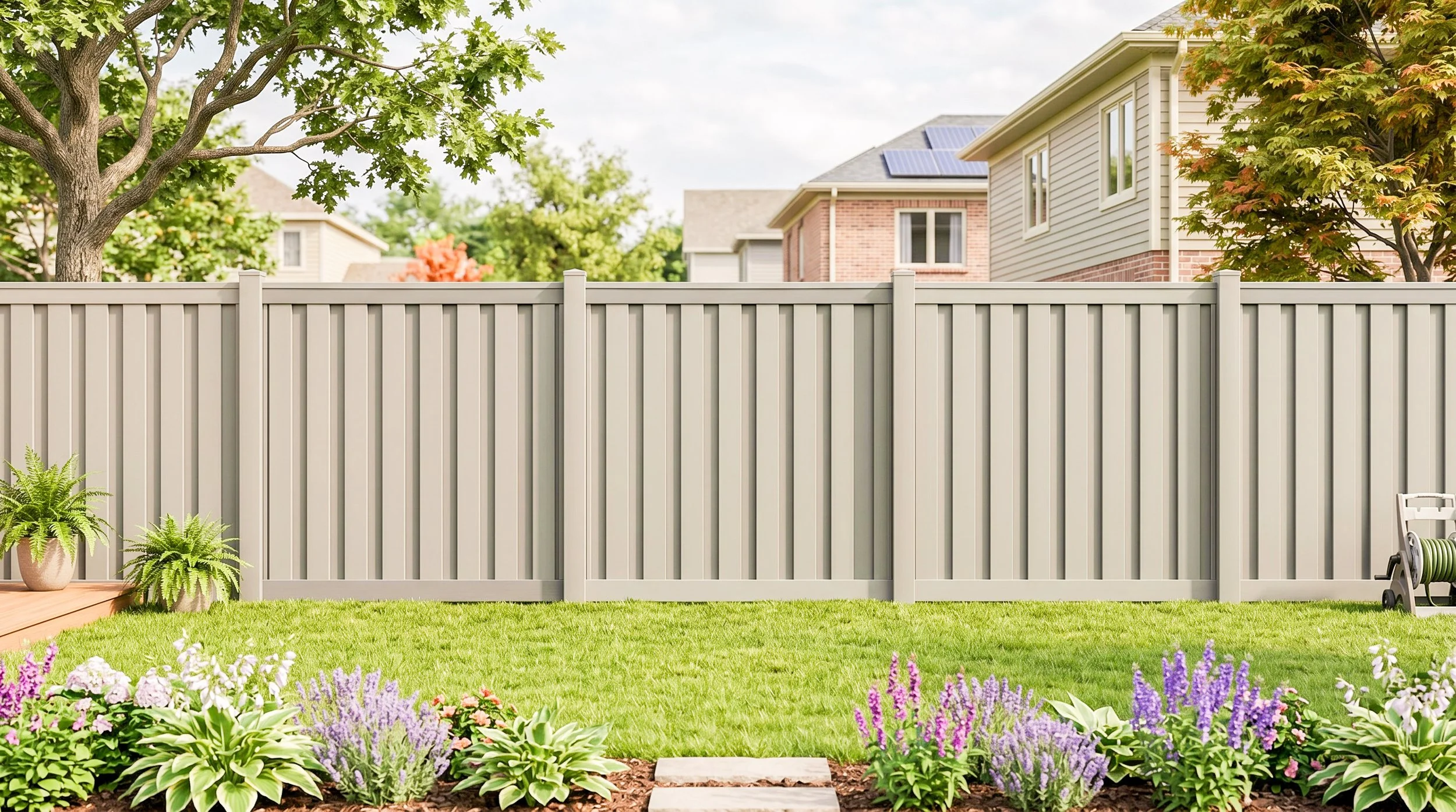 A backyard with a white vinyl fence, green grass, potted plants on a wooden deck, colorful flowers at the garden edge, trees, and neighboring houses with solar panels.