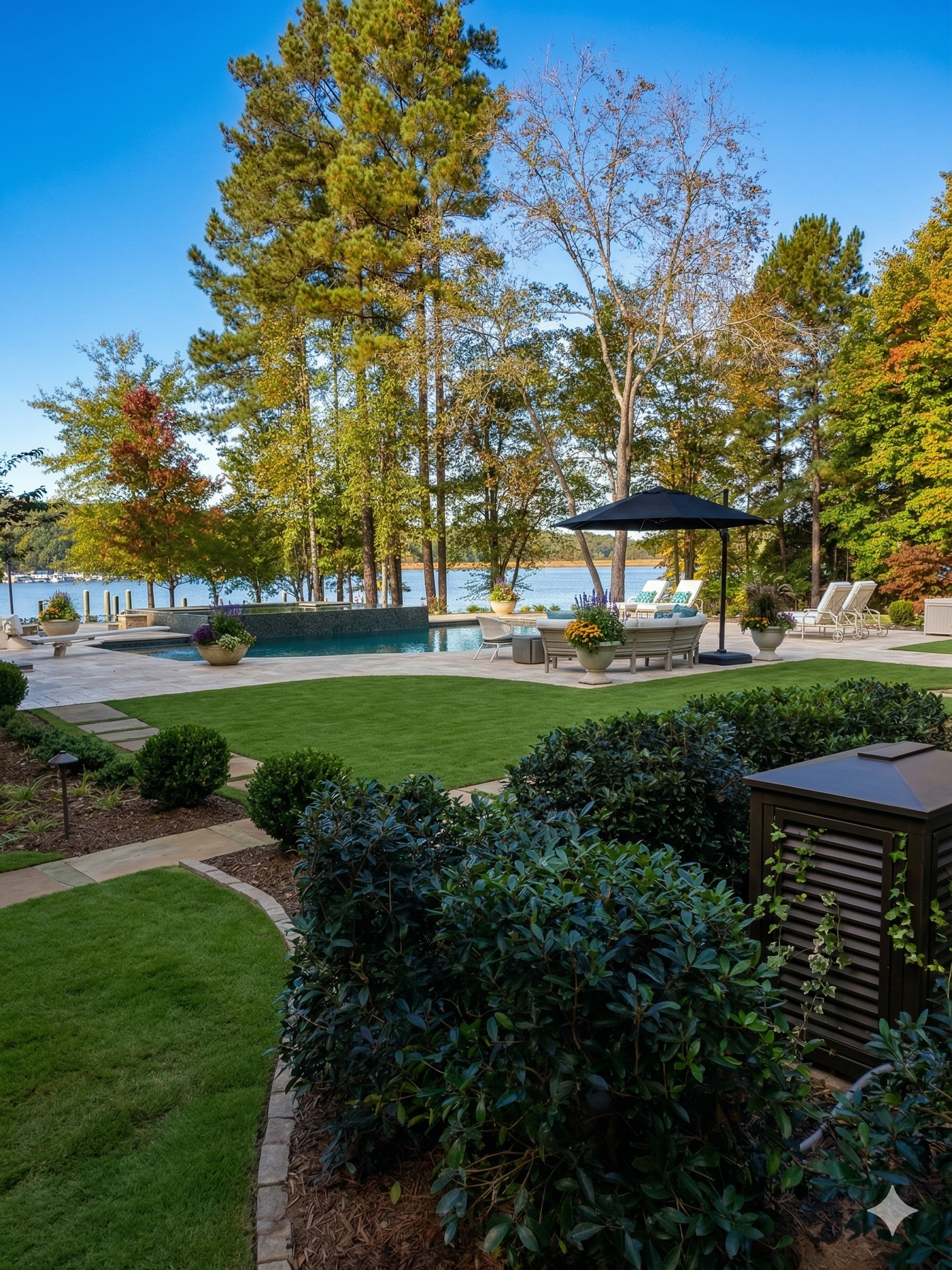 A backyard with a swimming pool, outdoor furniture, and a view of a lake surrounded by trees with fall foliage.