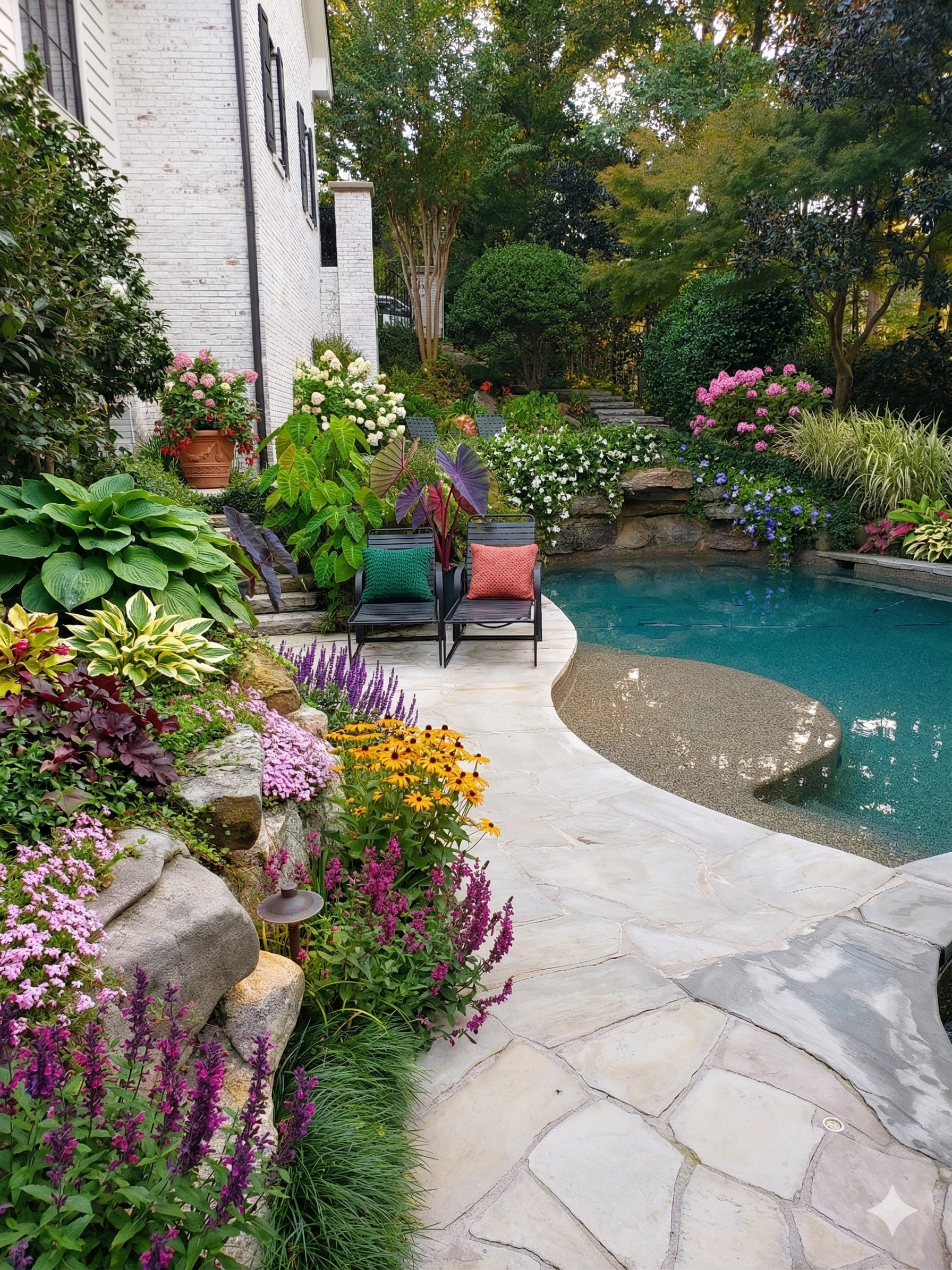 A backyard garden with a swimming pool, lush plants, colorful flowers, and garden chairs.
