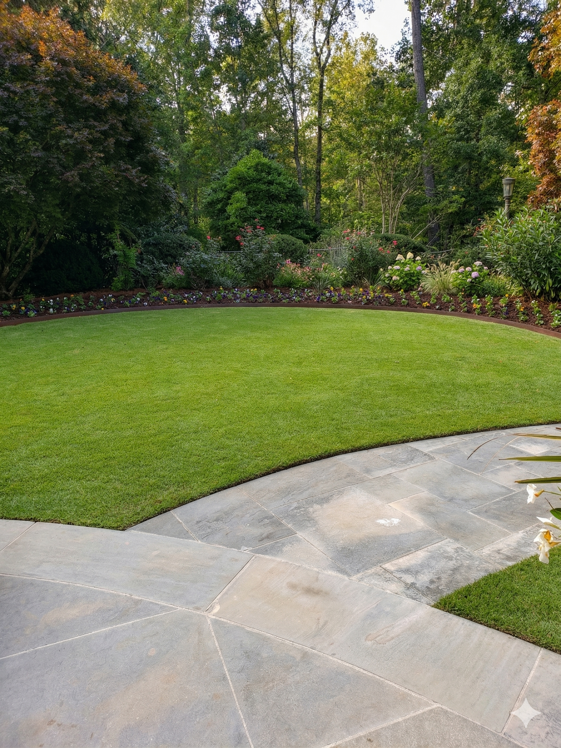 A landscaped backyard with a curved patch of green grass, surrounded by a flower bed with pink, white, and purple flowers, and tall trees in the background.