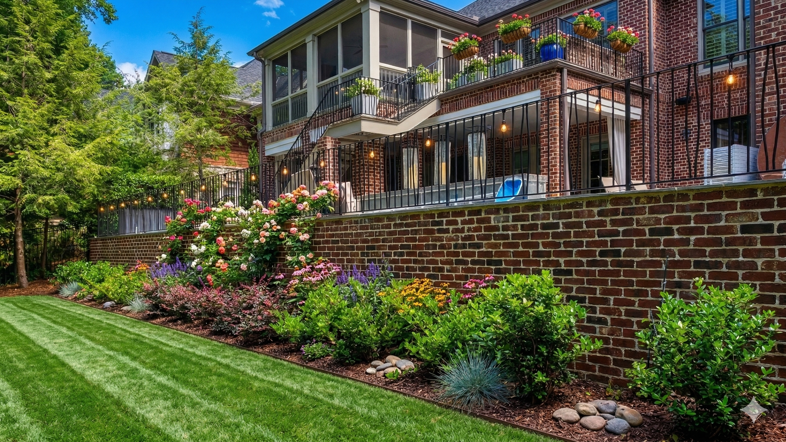 Rear view of a brick house with a basement or lower level patio, decorated with string lights, overlooking a well-maintained garden with various flowering plants, shrubs, and a grassy lawn.