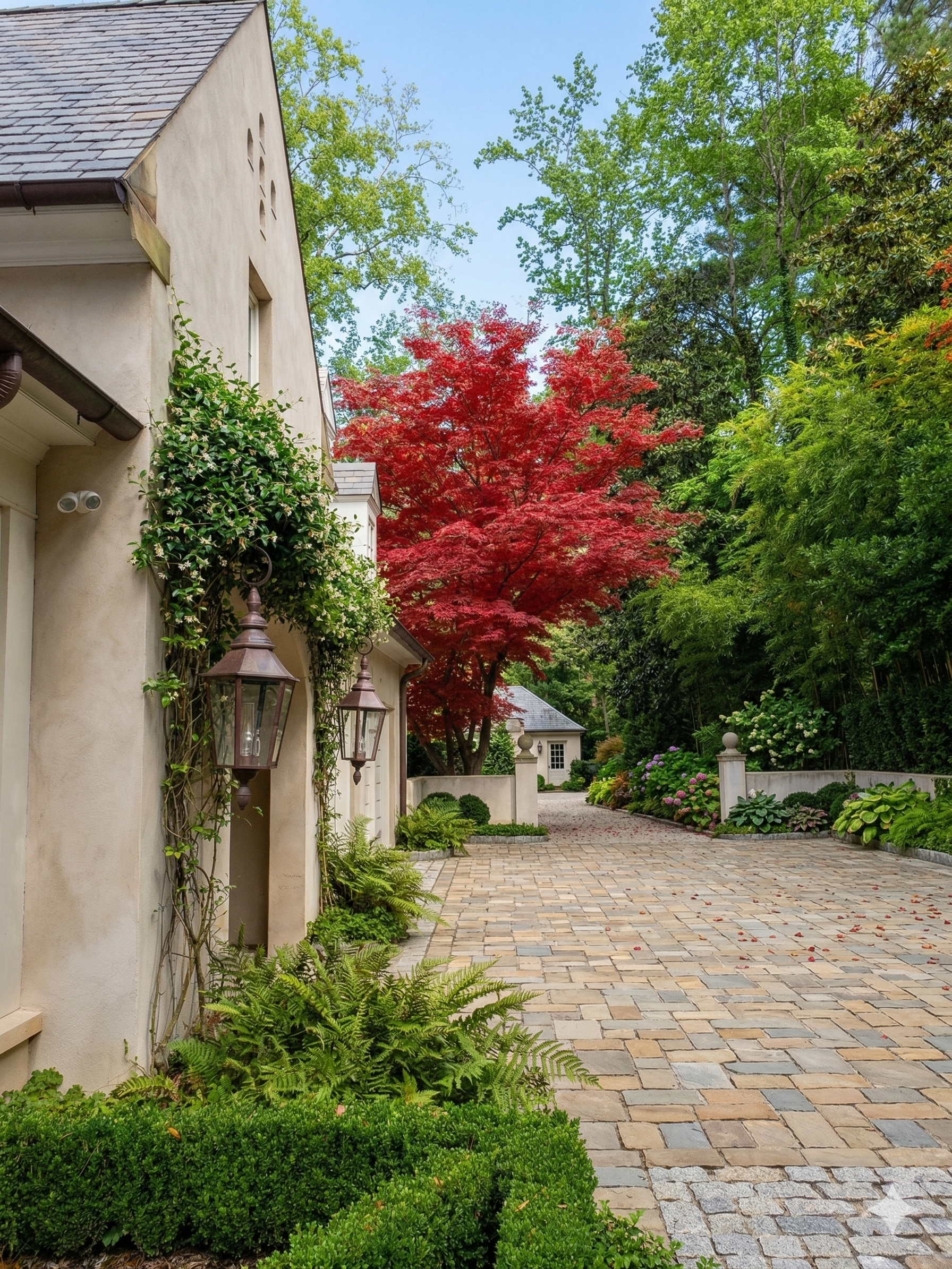 A cobblestone driveway lined with lush green plants and flowers, leading to a small white building with a grey roof, flanked by a wall with decorative posts. A vibrant red maple tree stands prominently in the background amidst surrounding greenery and trees.