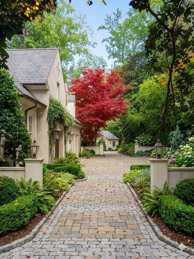 A cobblestone pathway leading to a white house surrounded by lush green trees, colorful flowering plants, and a vibrant red maple tree in a well-maintained garden.