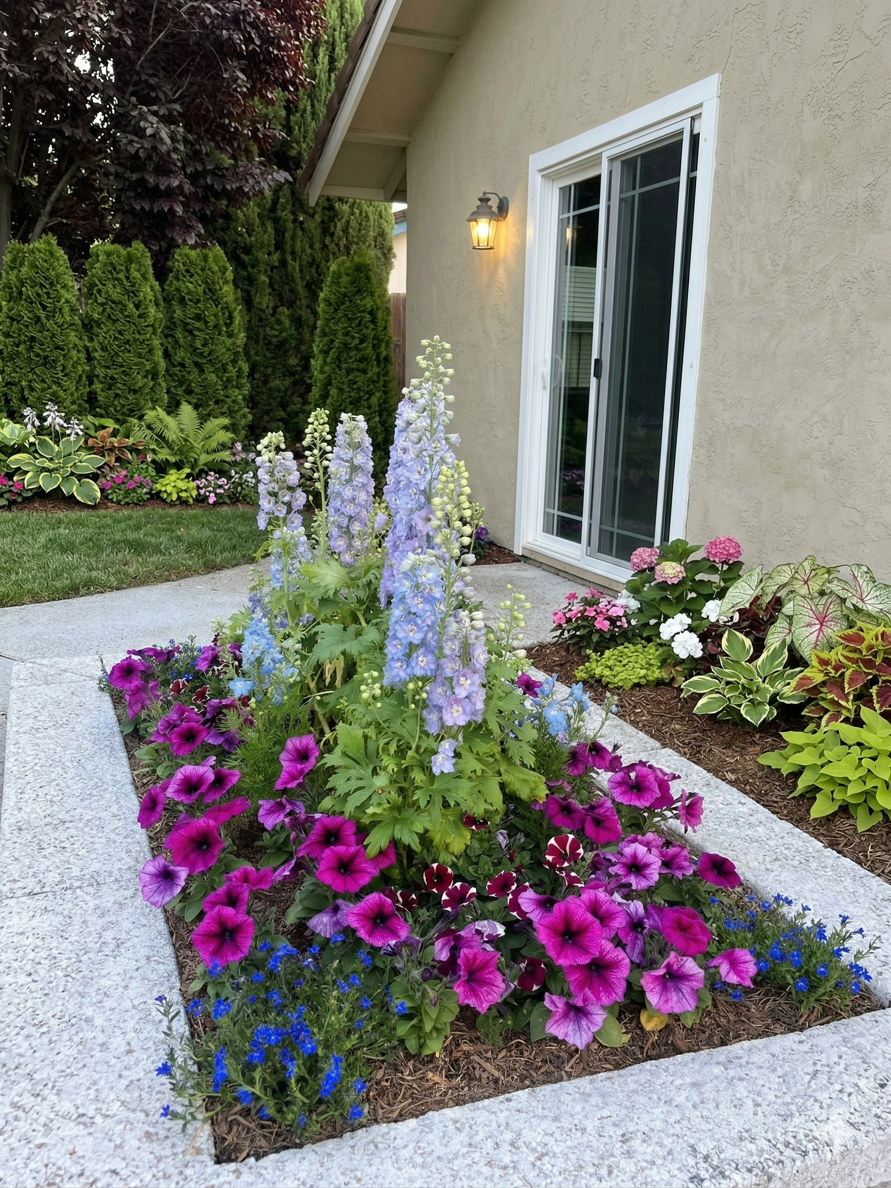 Colorful flower bed outside a house with flowering plants including purple, pink, and blue blooms, next to a sliding glass door and a wall-mounted outdoor light.