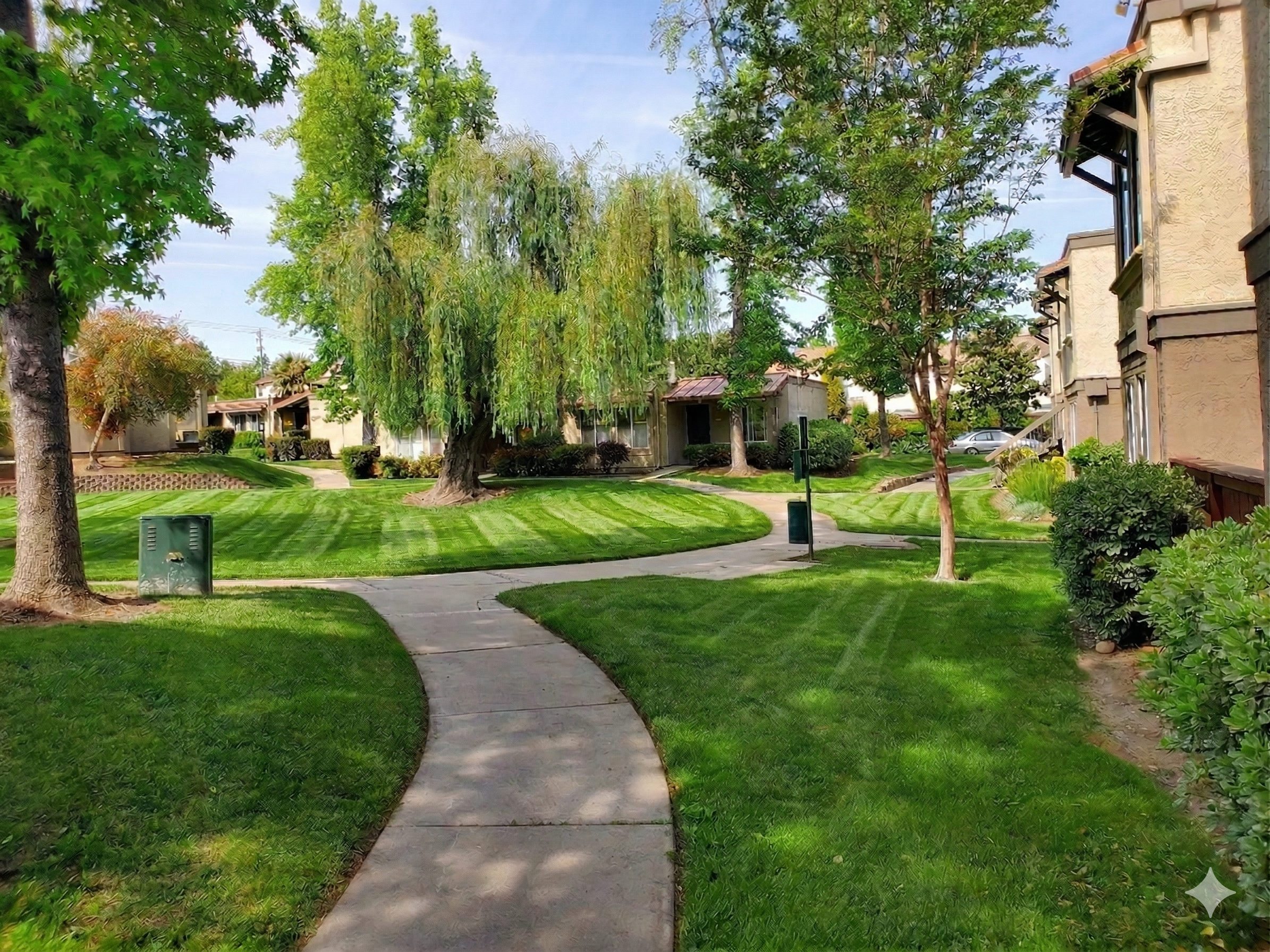 A peaceful apartment complex courtyard with a winding concrete path, lush green grass, and several trees including a weeping willow and a few smaller trees. The buildings have beige stucco walls with brown trim, and there are some parked cars visible in the background.