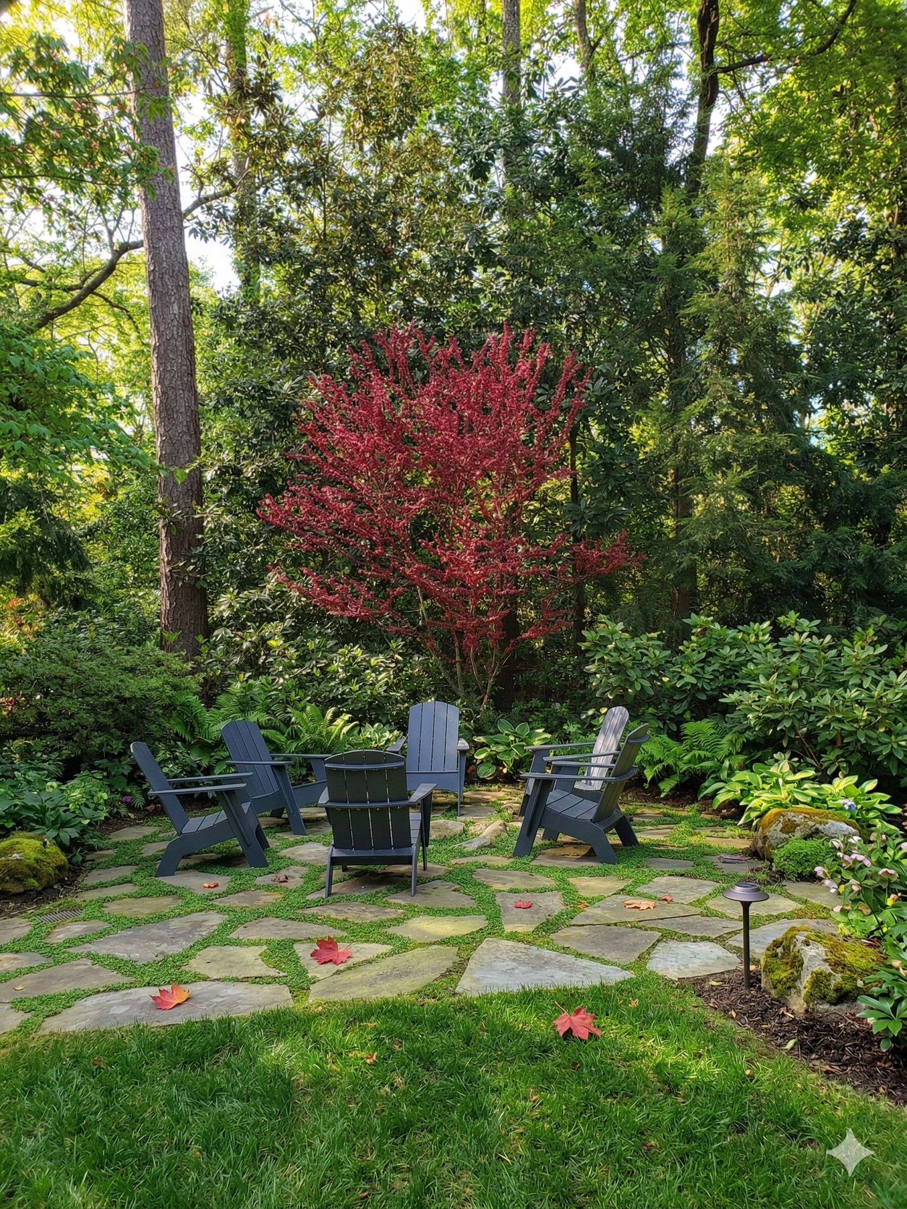 An outdoor garden with a circular stone patio surrounded by lush green plants and tall trees. In the center, five black Adirondack chairs arranged in a circle. Fallen red leaves are scattered on the patio, and a small garden light is positioned near the edge of the patio.