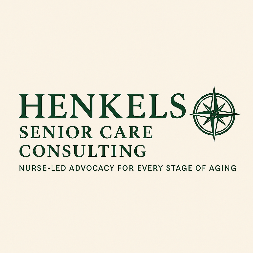 Logo for Henkels Senior Care Consulting with a compass graphic and the slogan 'Nurse-led advocacy for every stage of aging'.