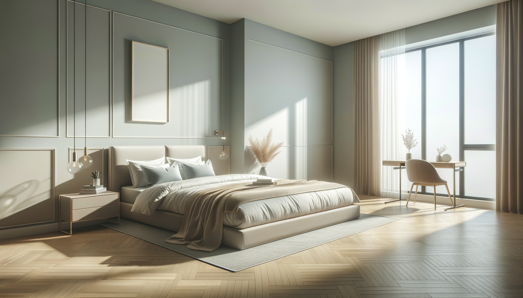 Bright, modern bedroom with a large bed, neutral color scheme, large window with sheer curtains, a desk with a chair, and minimal decor.