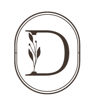 A black circular logo with a letter D and a small plant inside the letter, surrounded by an oval border.