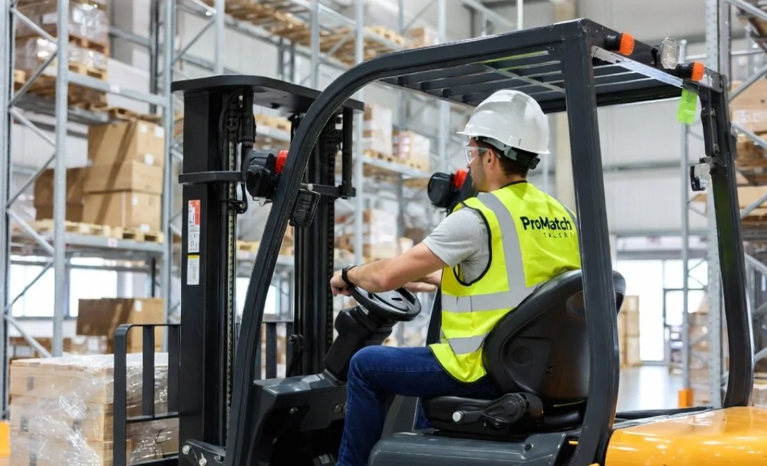 A warehouse worker operating a forklift, wearing a white safety helmet and yellow high-visibility vest with 'ProMatch' written on the back, surrounded by shelves stocked with boxes.