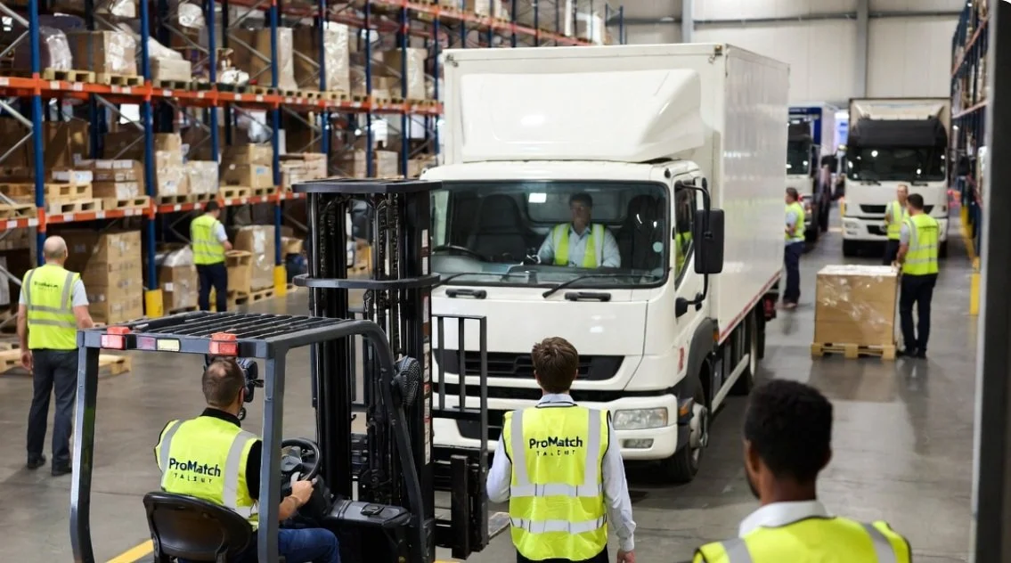 Warehouse workers in yellow safety vests operating a forklift and preparing to unload boxes from a white delivery truck in a large storage facility.