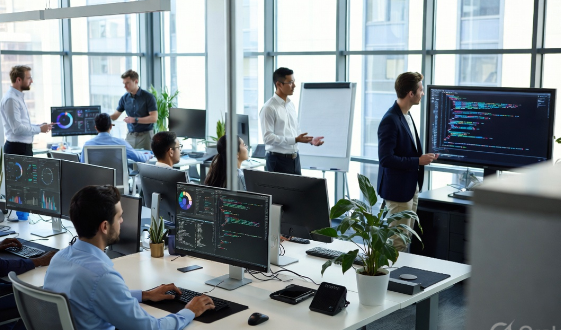 Business meeting in a modern office with multiple people working at computers and presenting in front of a large screen.
