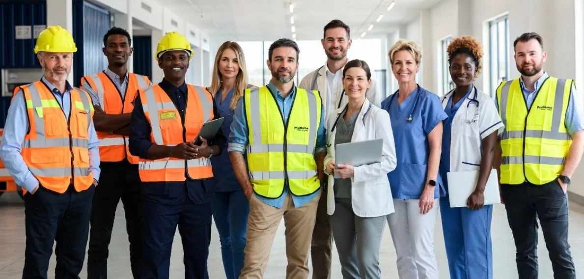 Group of diverse professionals including engineers, construction workers with safety helmets and vests, and healthcare workers in scrubs and lab coats, standing in a modern indoor setting.