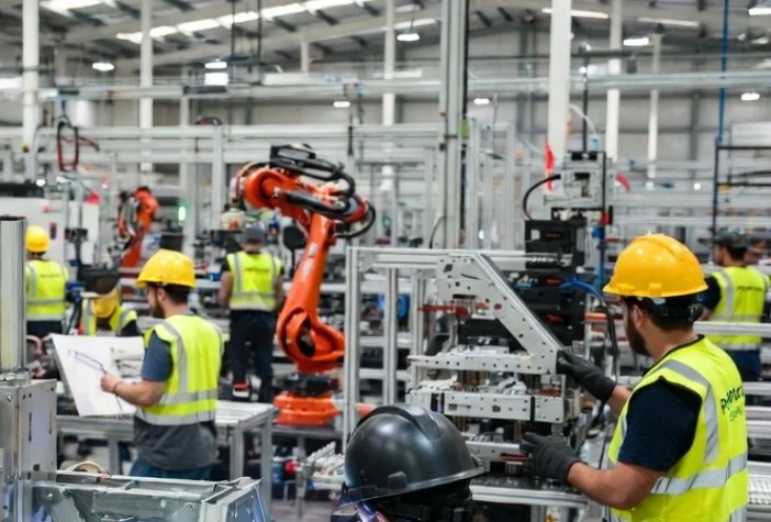 Workers in safety vests and helmets operating automated machinery and robotic arms in a factory or industrial setting.