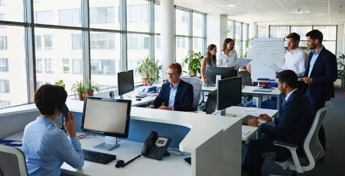 Office with employees working at desks, some in discussion, some on computers, with large windows and potted plants.