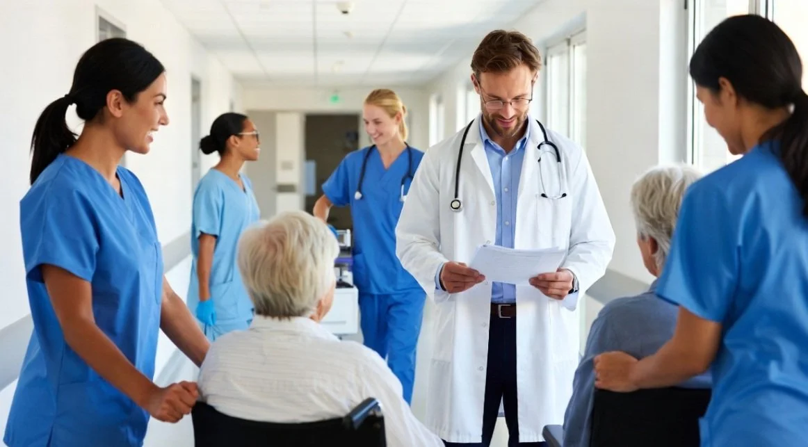 Medical team, including nurses and a doctor, are attending to elderly patients in a hospital corridor.