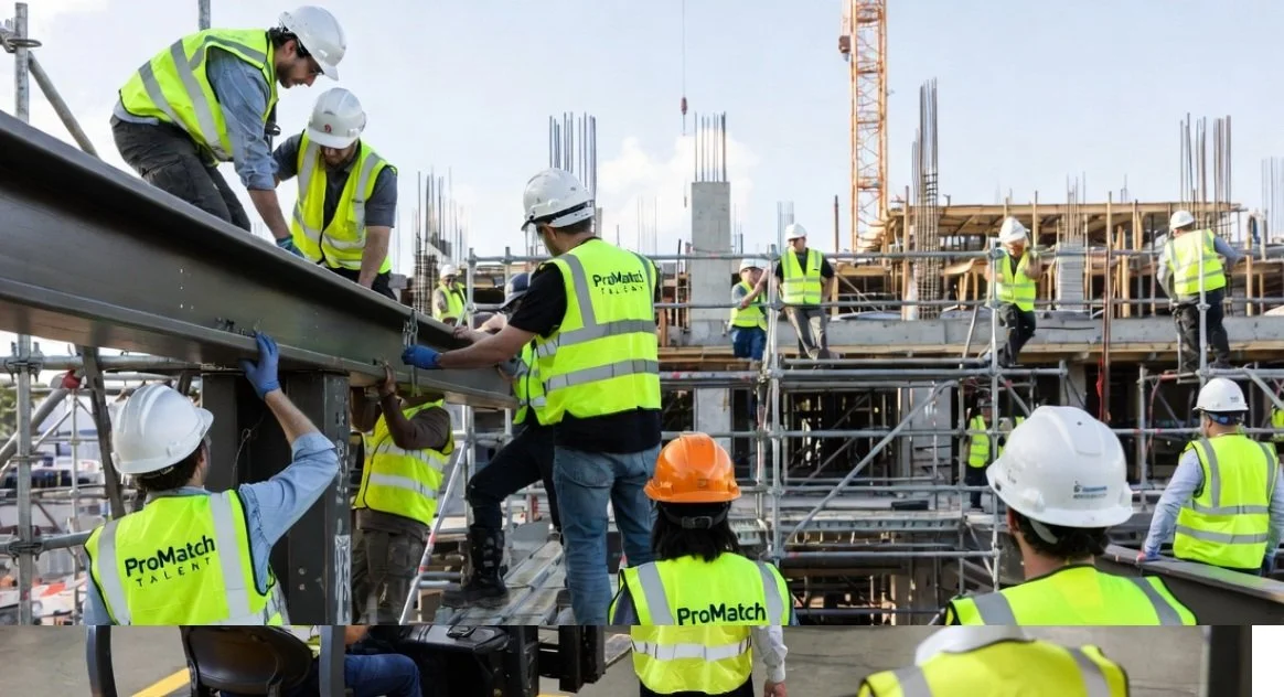 Construction workers wearing yellow vests and hard hats working on a steel framework at a construction site.