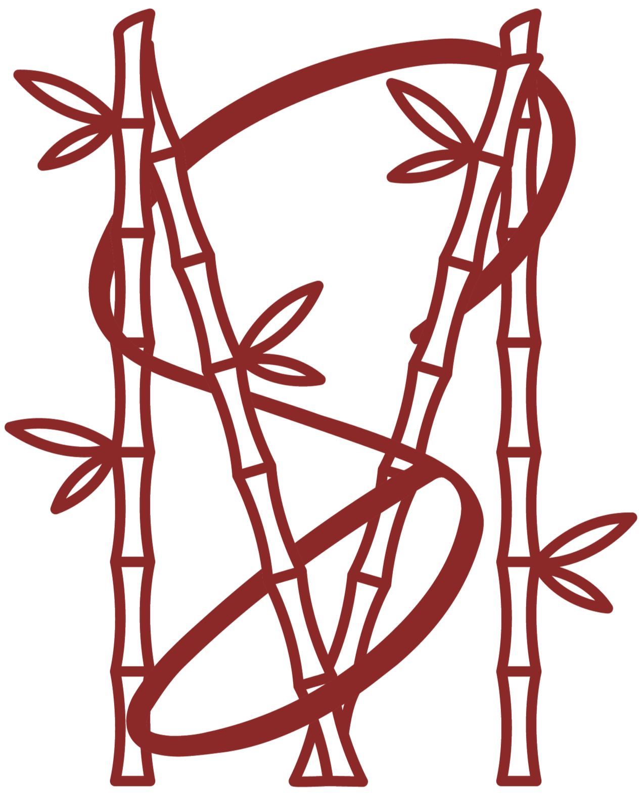 A script "S" interconnected bamboo stalks and leaves in the shape of an "M".