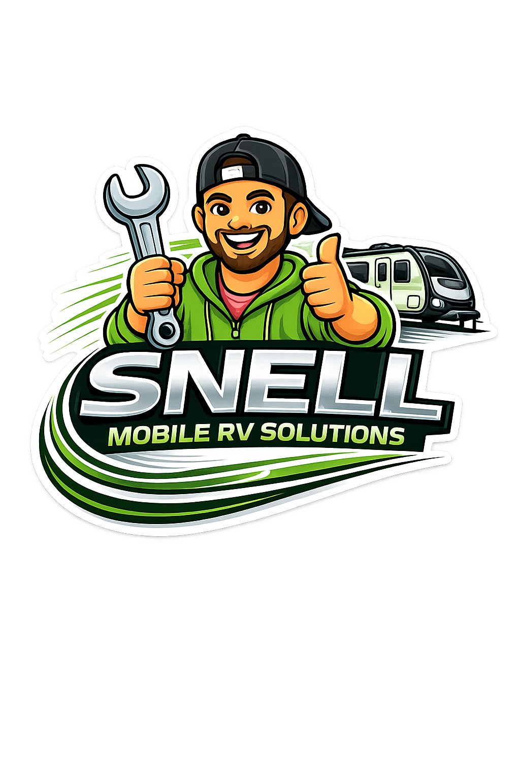 A cartoon man holding a large wrench and giving a thumbs up, with a background featuring a modern train and the text 'Snell Mobile RV Solutions' on a logo.