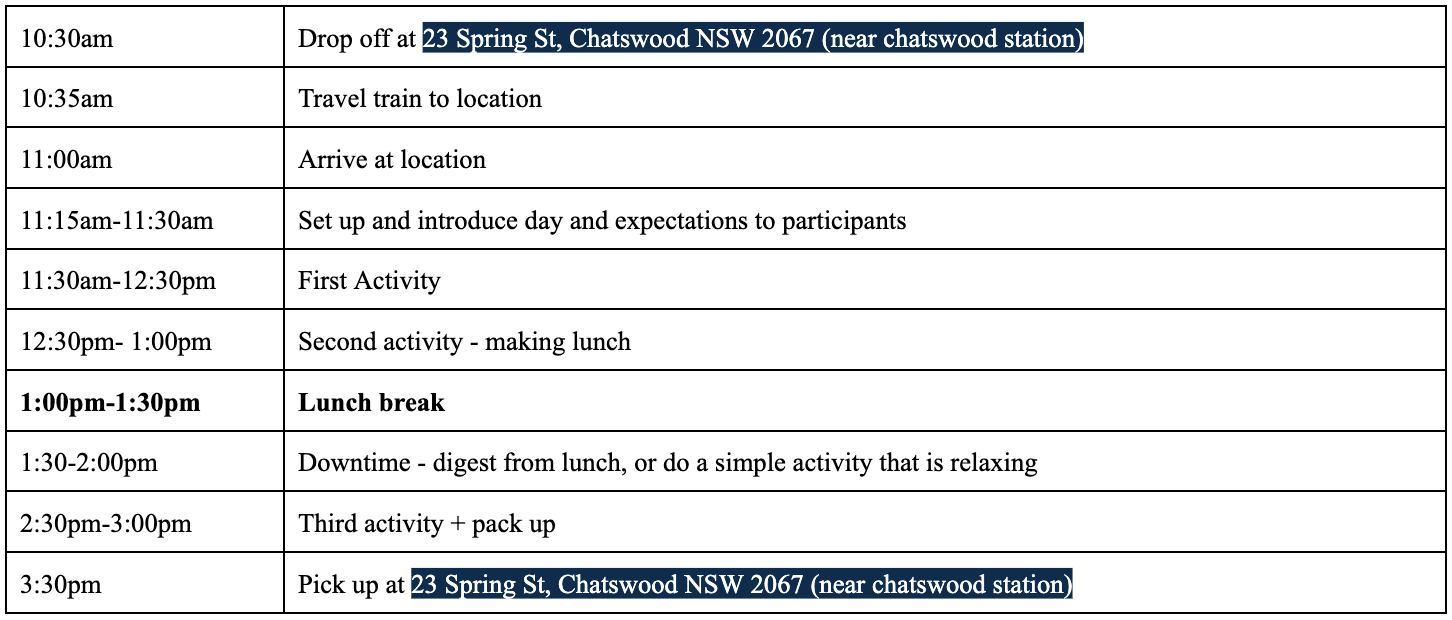 A schedule with times and activities for a day starting at 10:30 am with a drop off at 23 Spring St, Chatswood, NSW near Chatswood Station, followed by travel, arrival, setting up, activities, lunch break, downtime, second activity, and pickup at the same address.