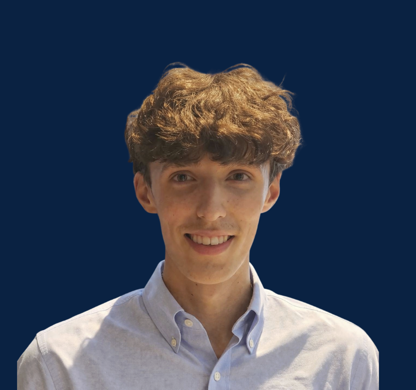 Solid dark blue background.