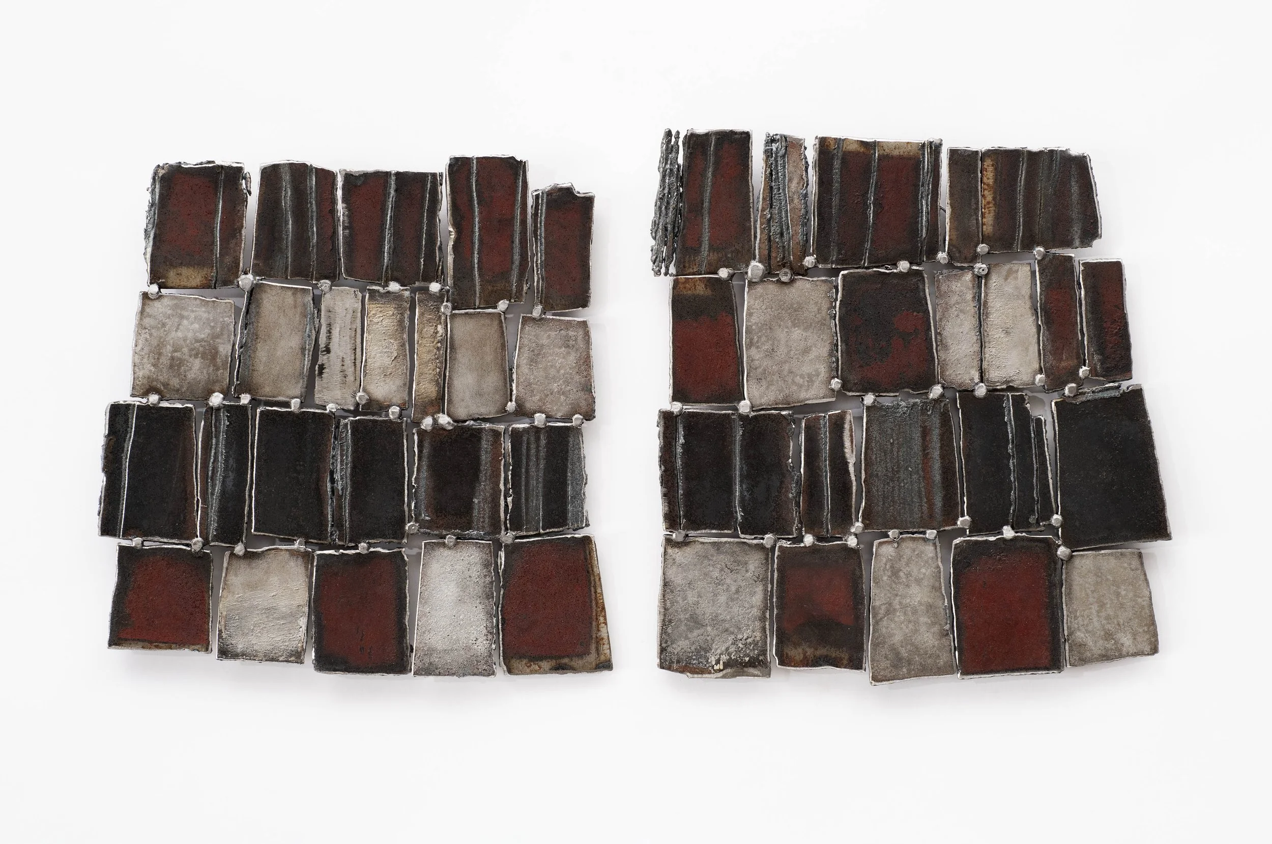 untitled study, 2026
steel, silver, oil; 
two panels 8.5 × 9 in (21.6 × 23 cm)