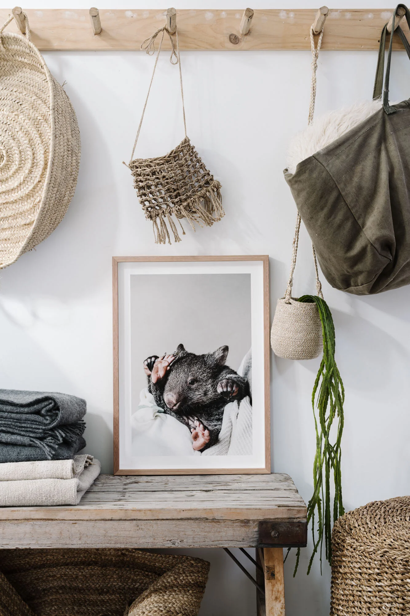Kate the wombat print in an oak frame on a shelf under hanging bags