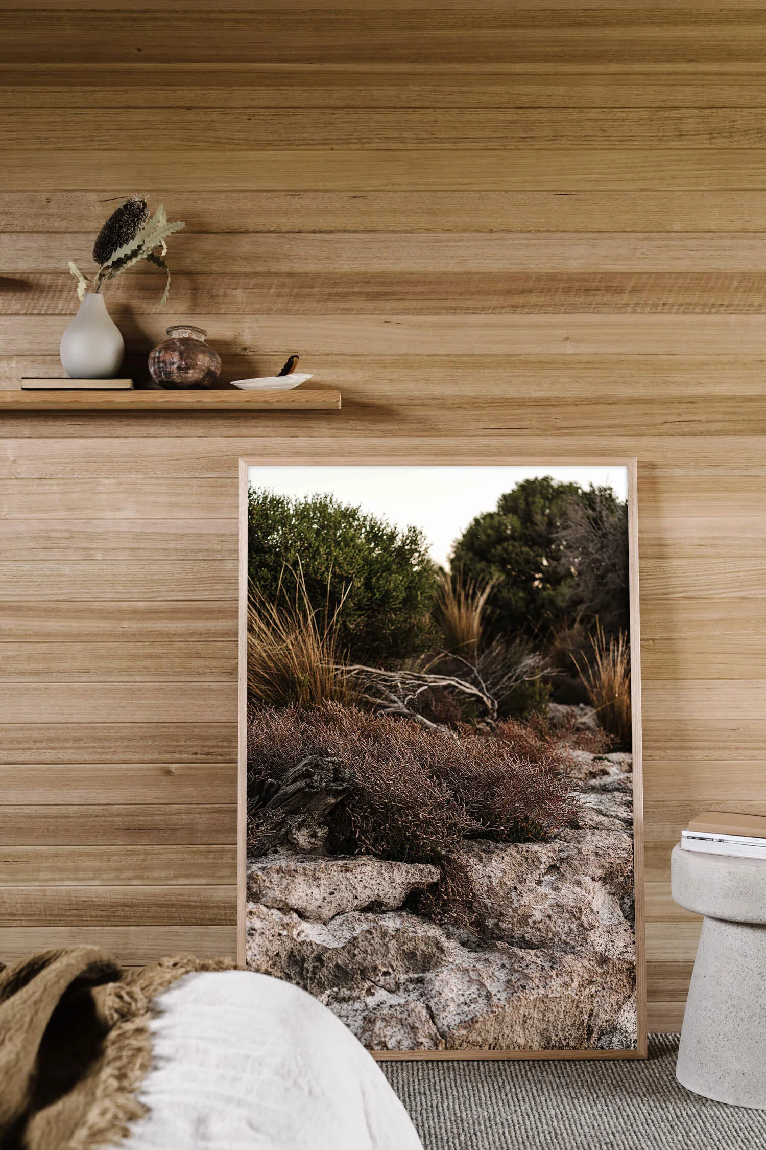 Waiting for Pizza in Coffin Bay print in a timber-lined room