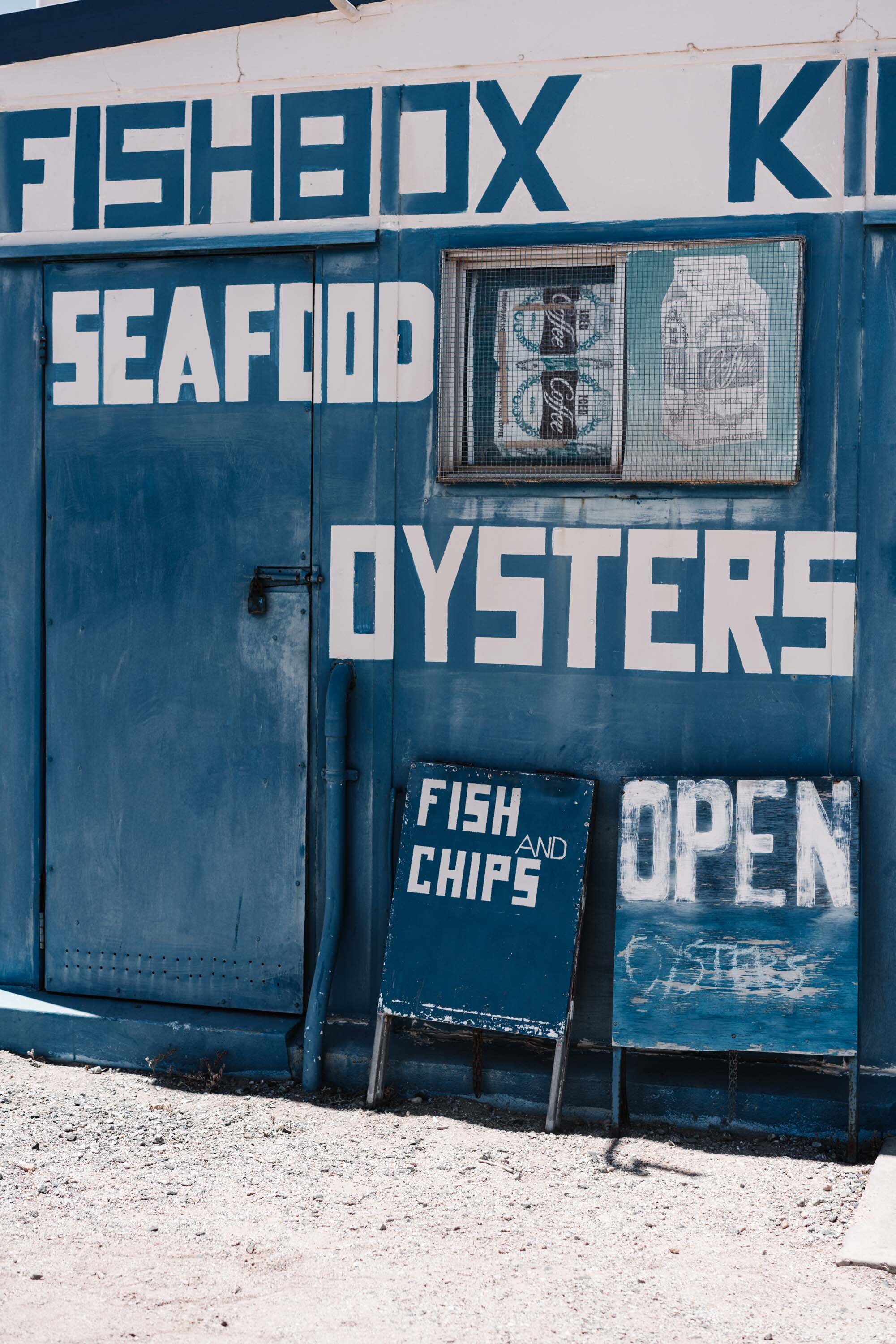 Blue Fishbox seafood kiosk sign in Cowell, fine art photograph