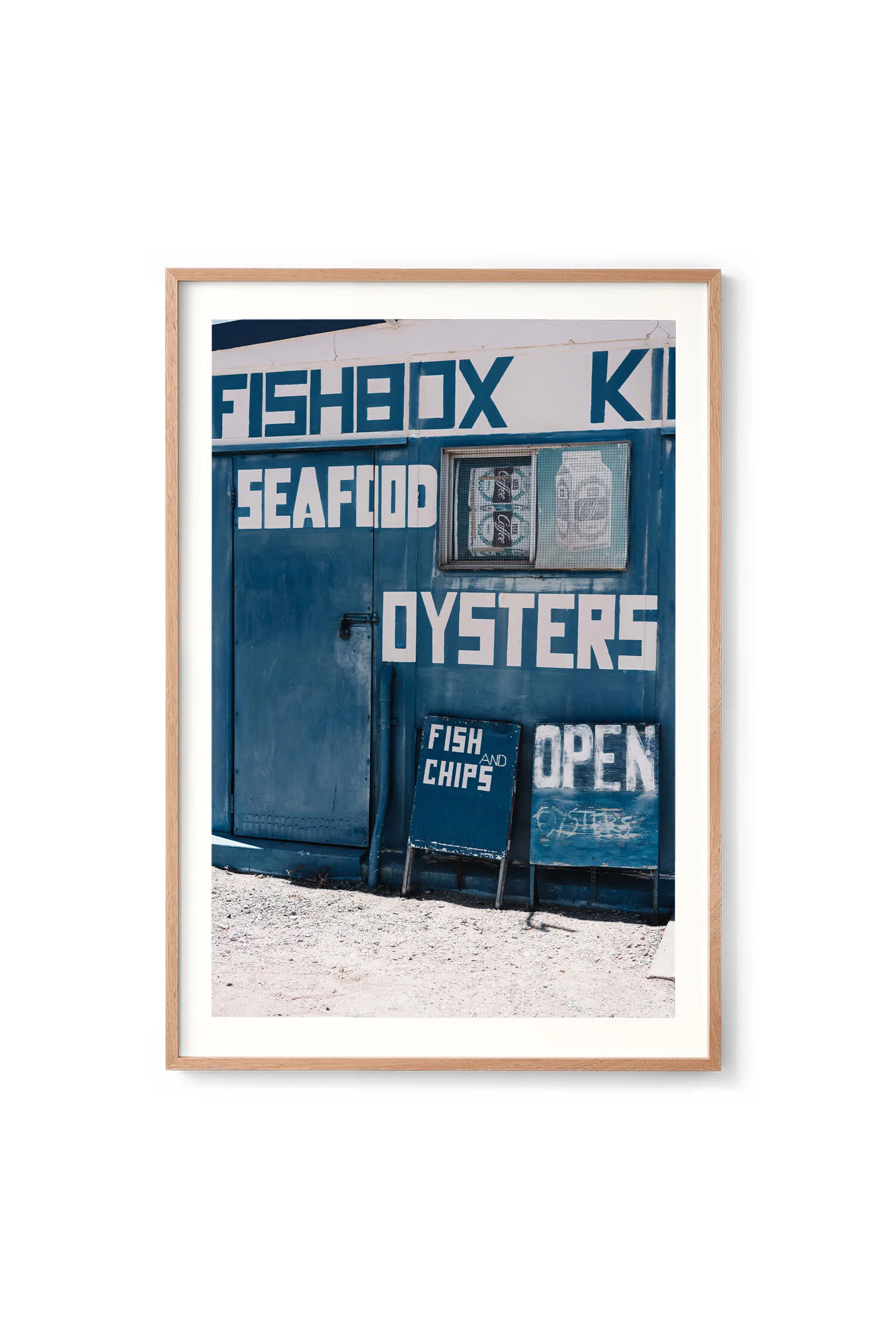 Fishbox Kiosk, Cowell print in an oak frame