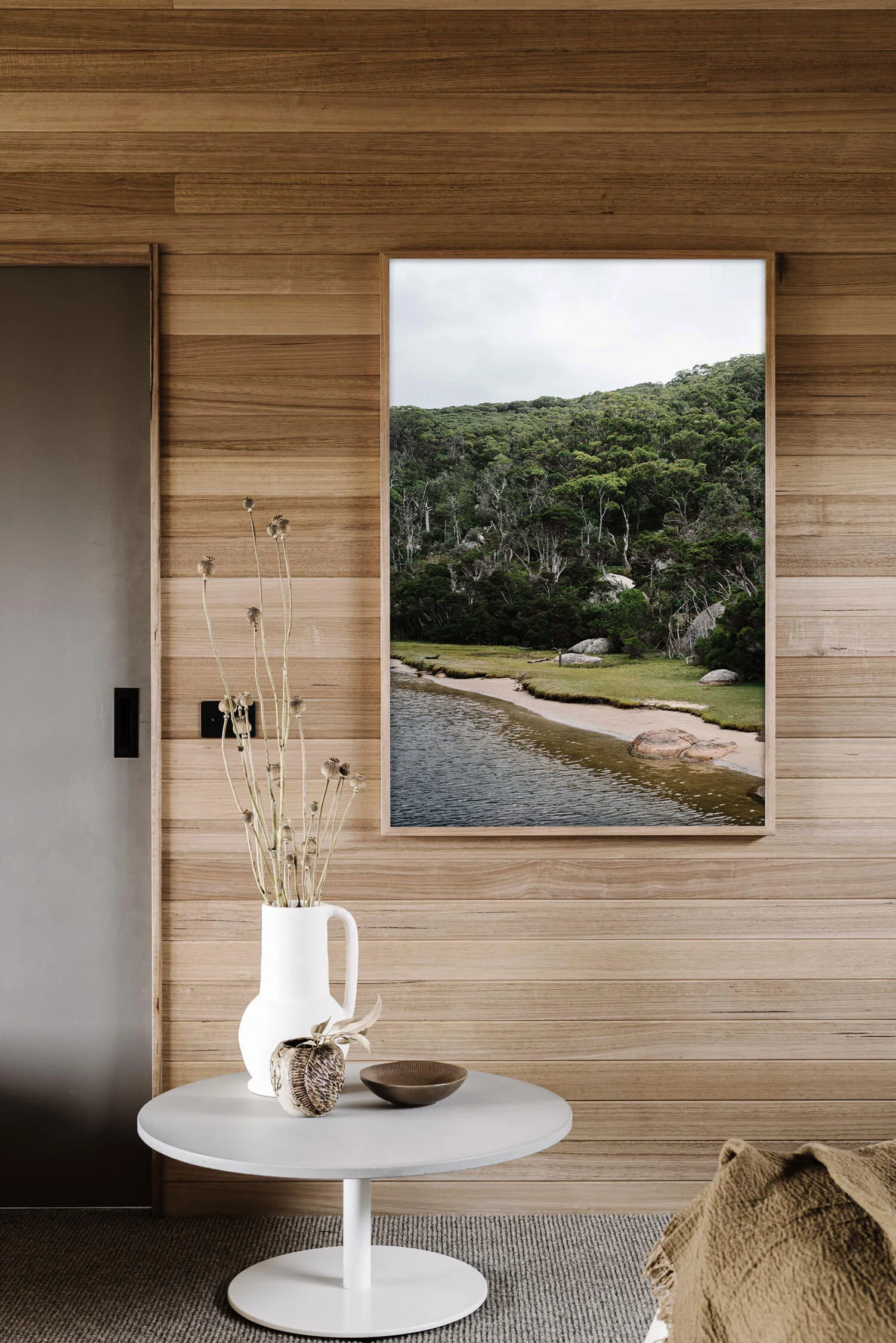 Prehistoric Tidal River print in a timber-lined room