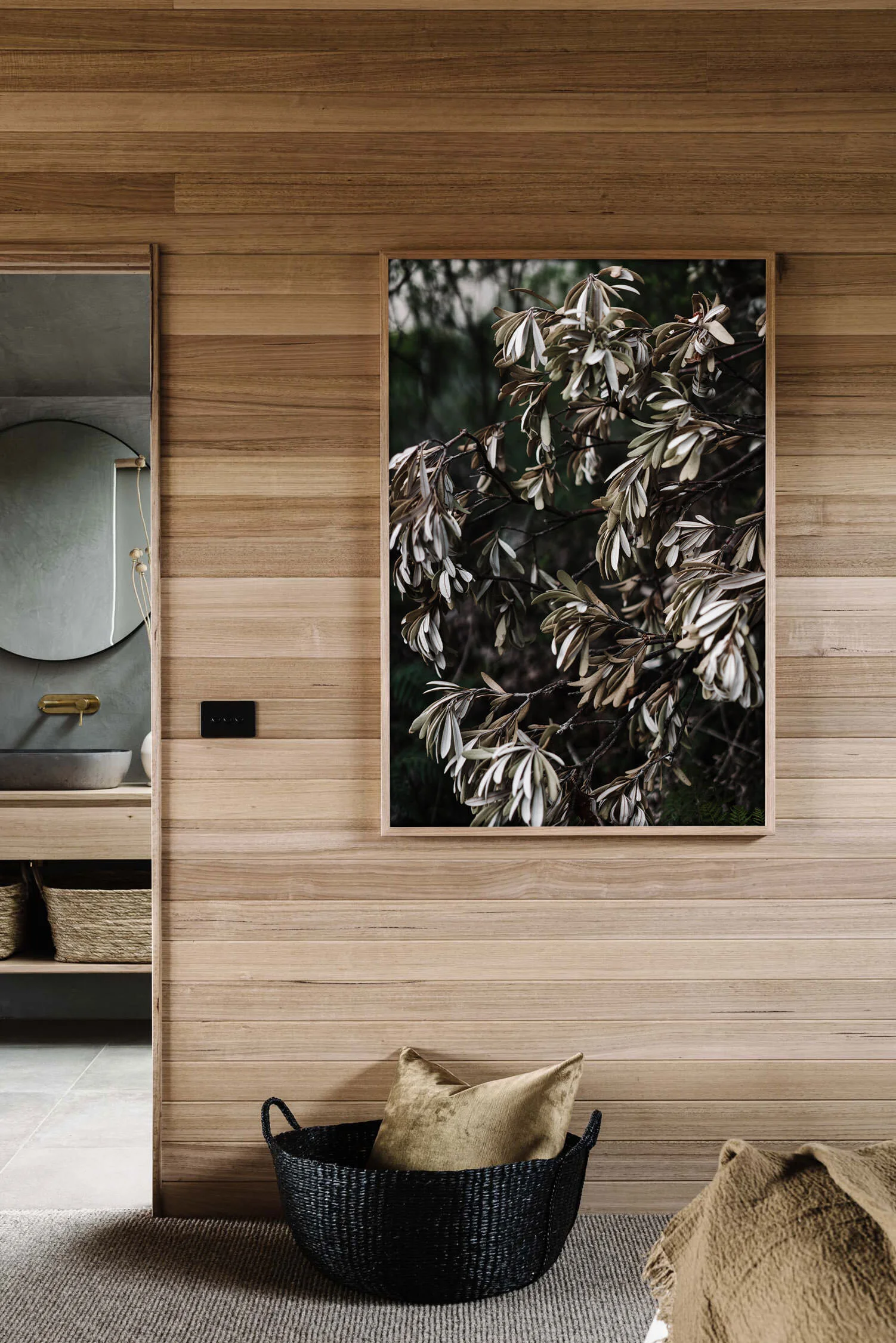 Banksias 1 print in a timber-lined room