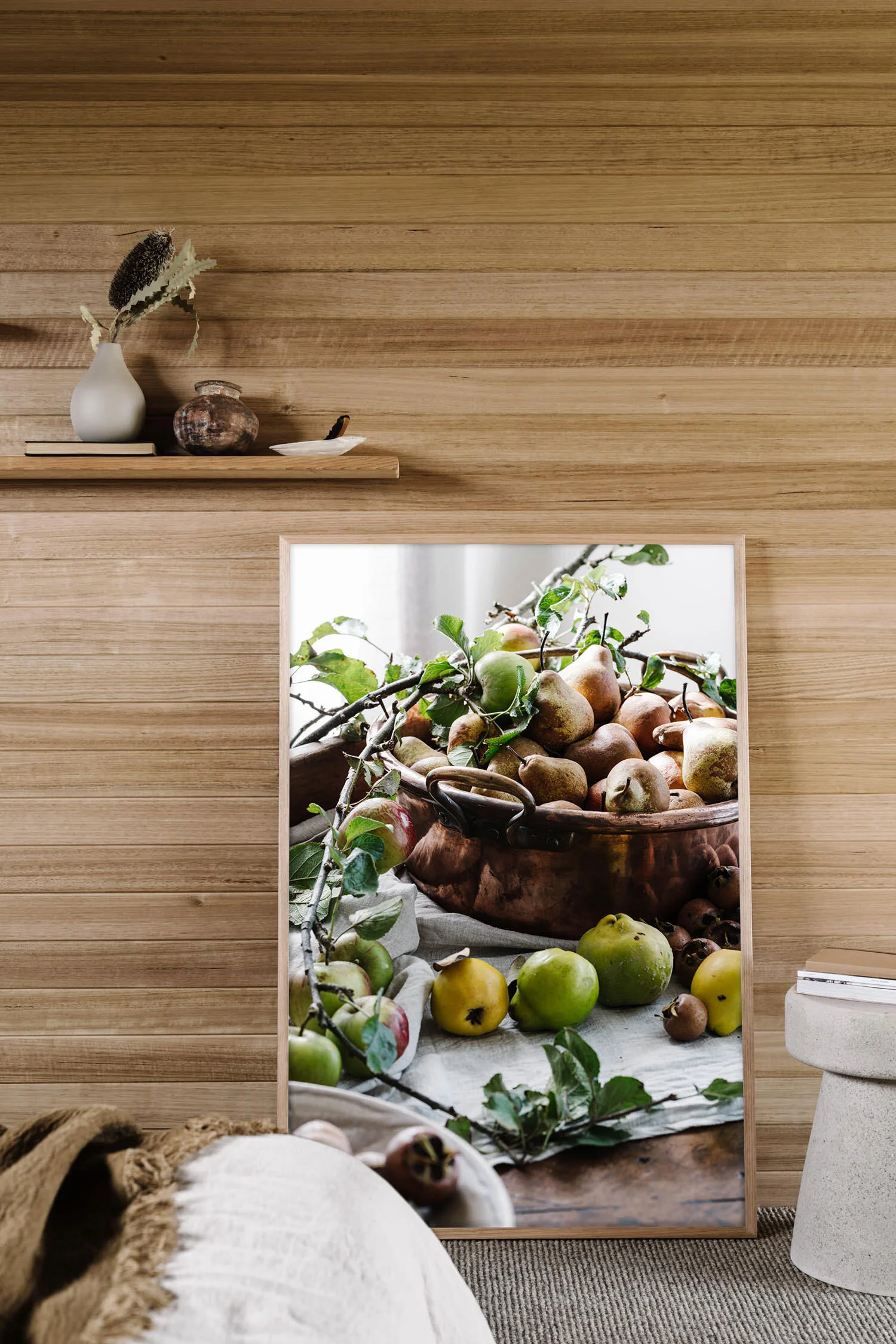 A Glut of Autumn Produce print in a timber-lined room