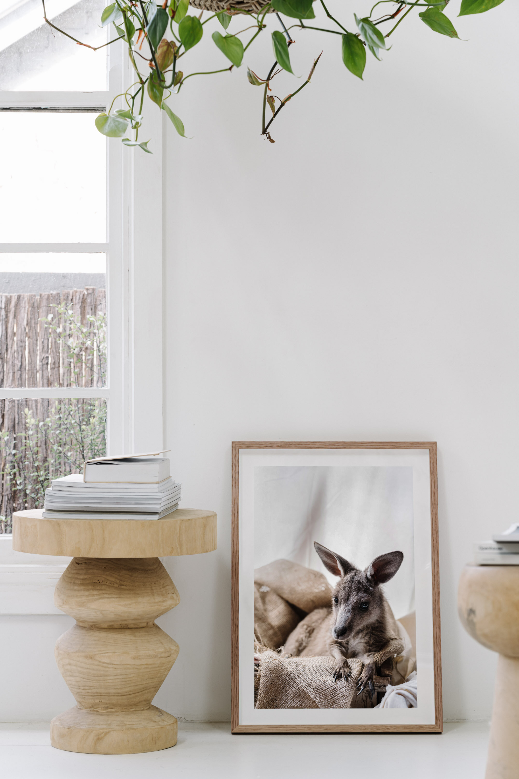 Candy the kangaroo print on a timber side table