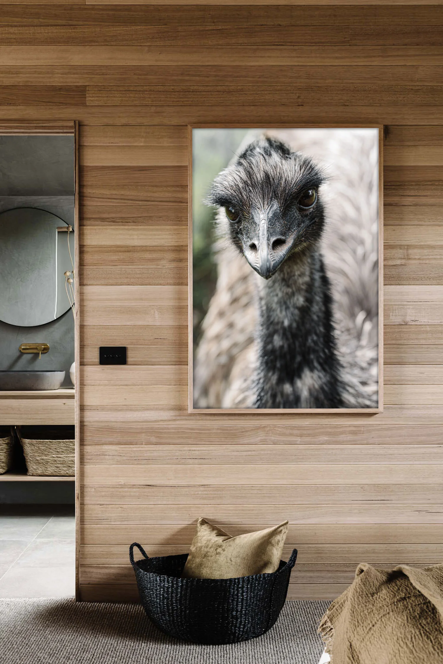Alma the emu print in a timber-lined room