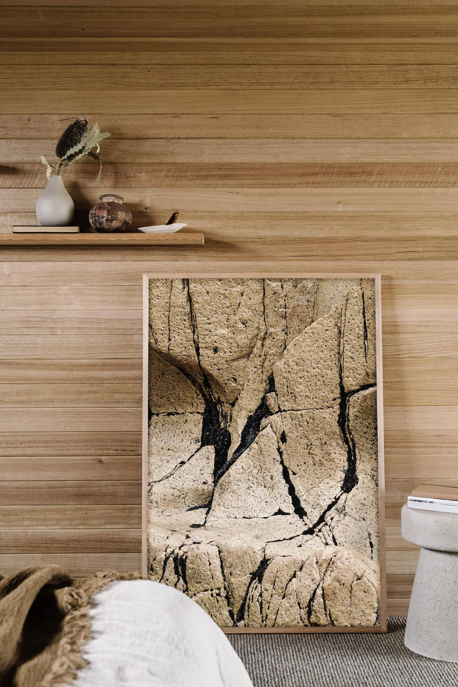 Streaks of Black, Whisky Bay print in a timber-lined room