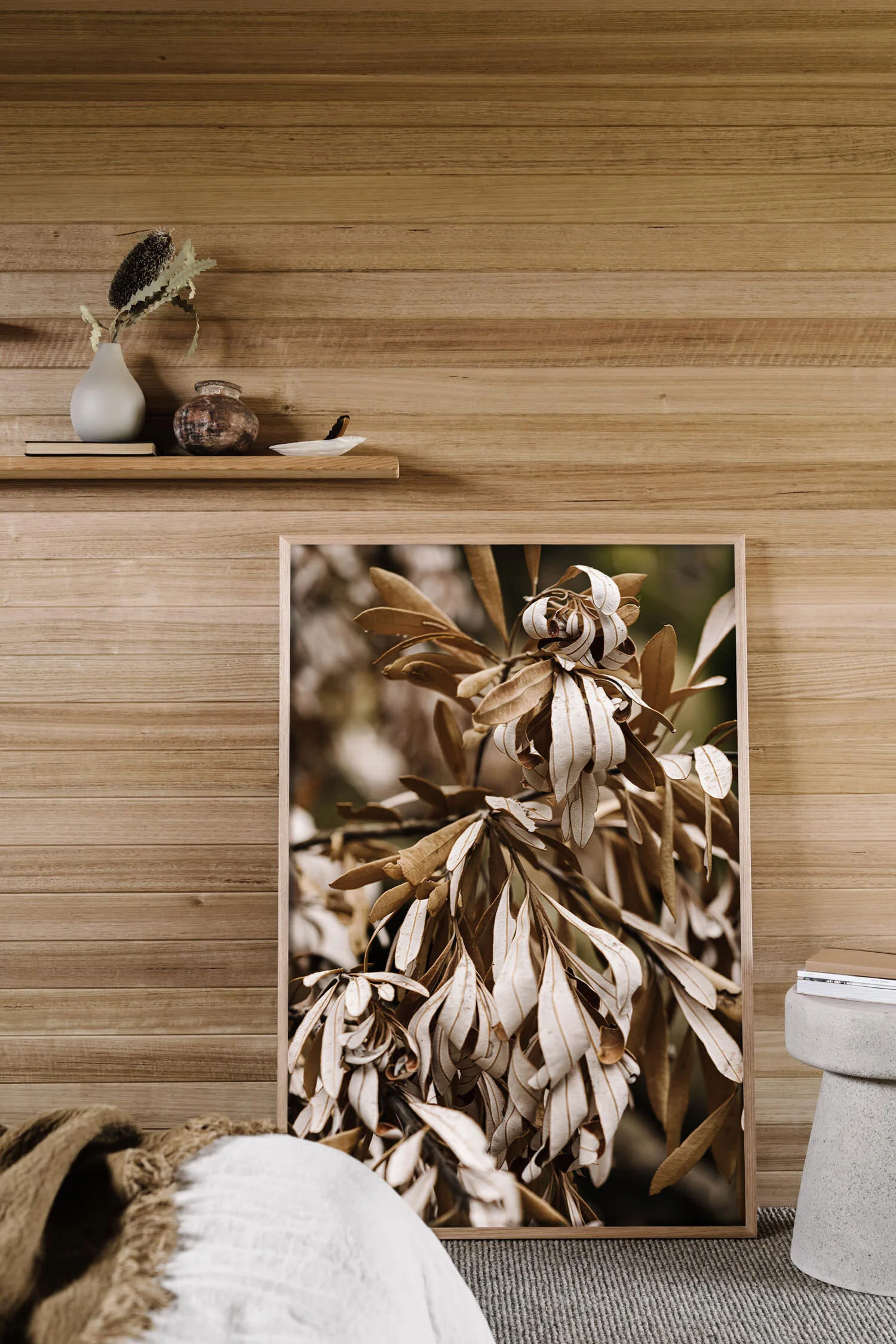 Banksias 2, Phillip Island print in a timber-lined room