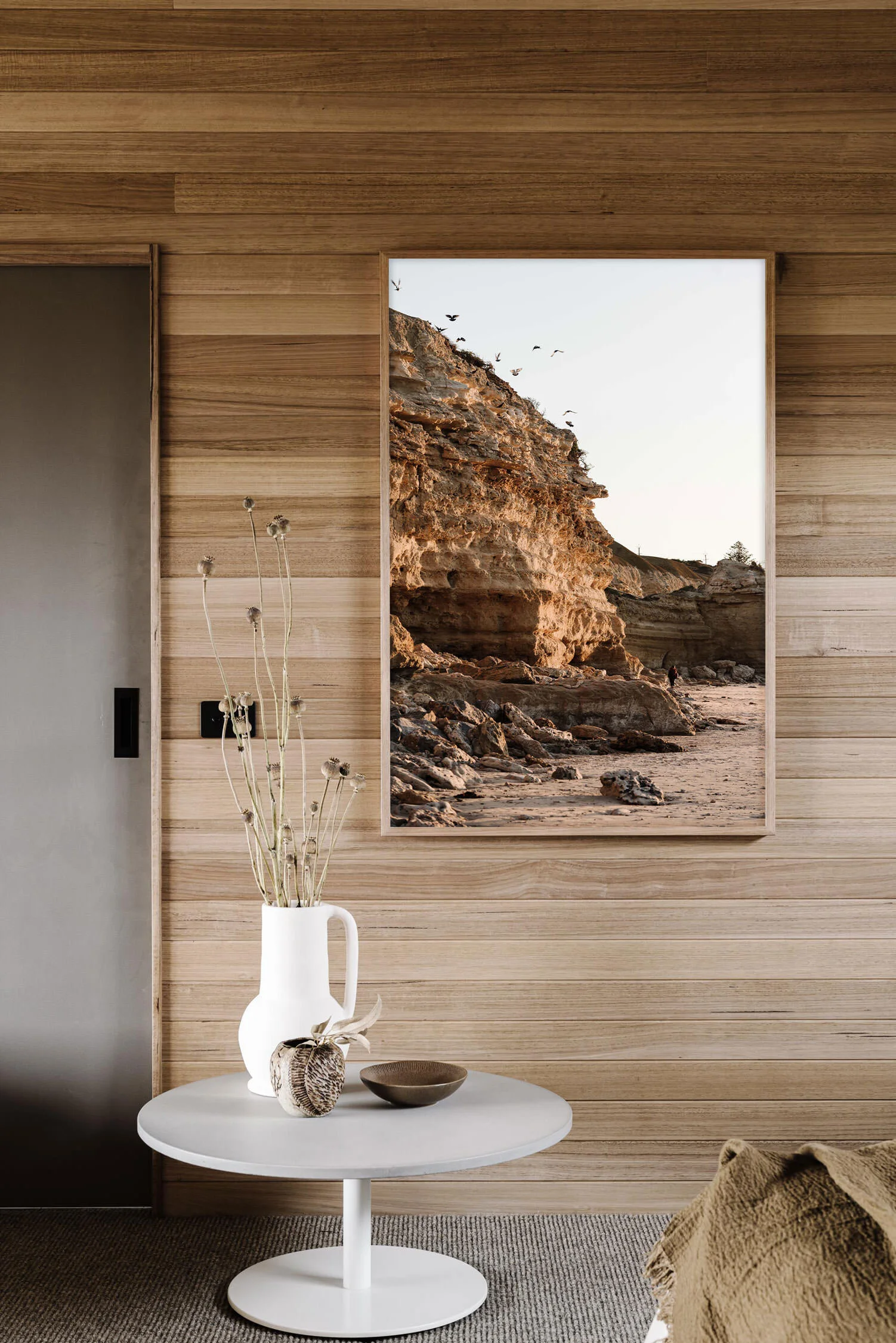 Cliffside, Port Willunga print in a timber-lined room