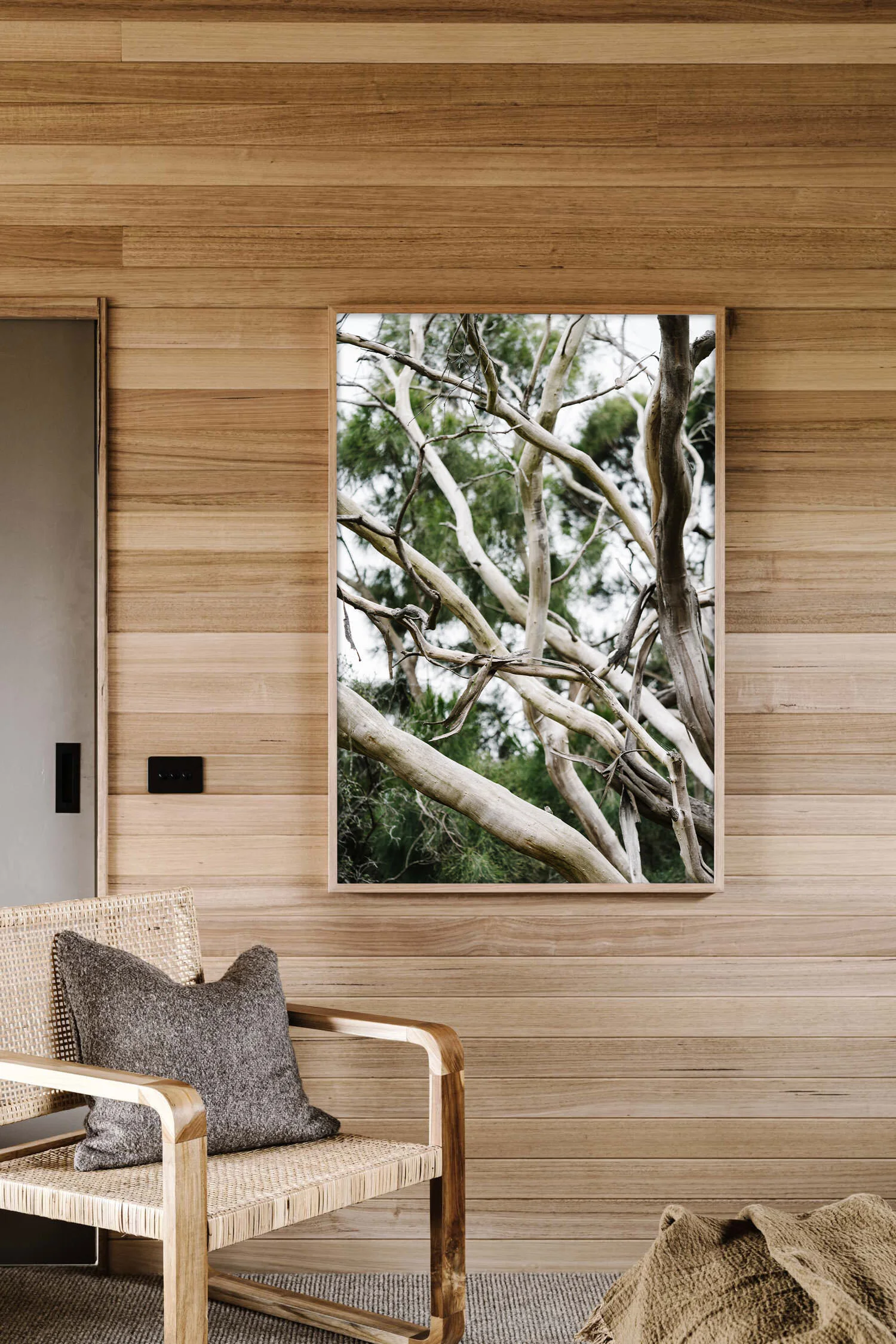 Tangled, Swan Lake print in a timber-lined room
