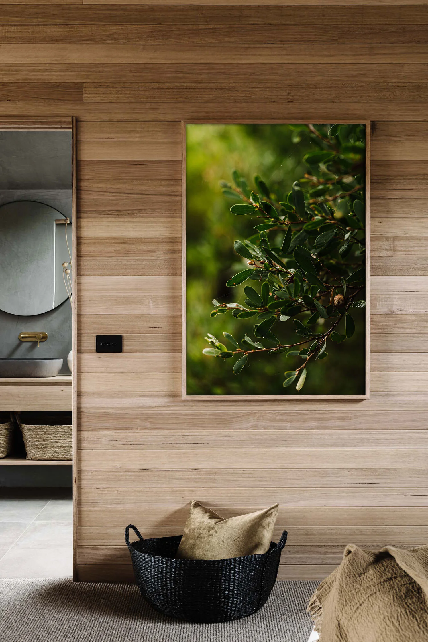 Running from the Rain print in a timber-lined room