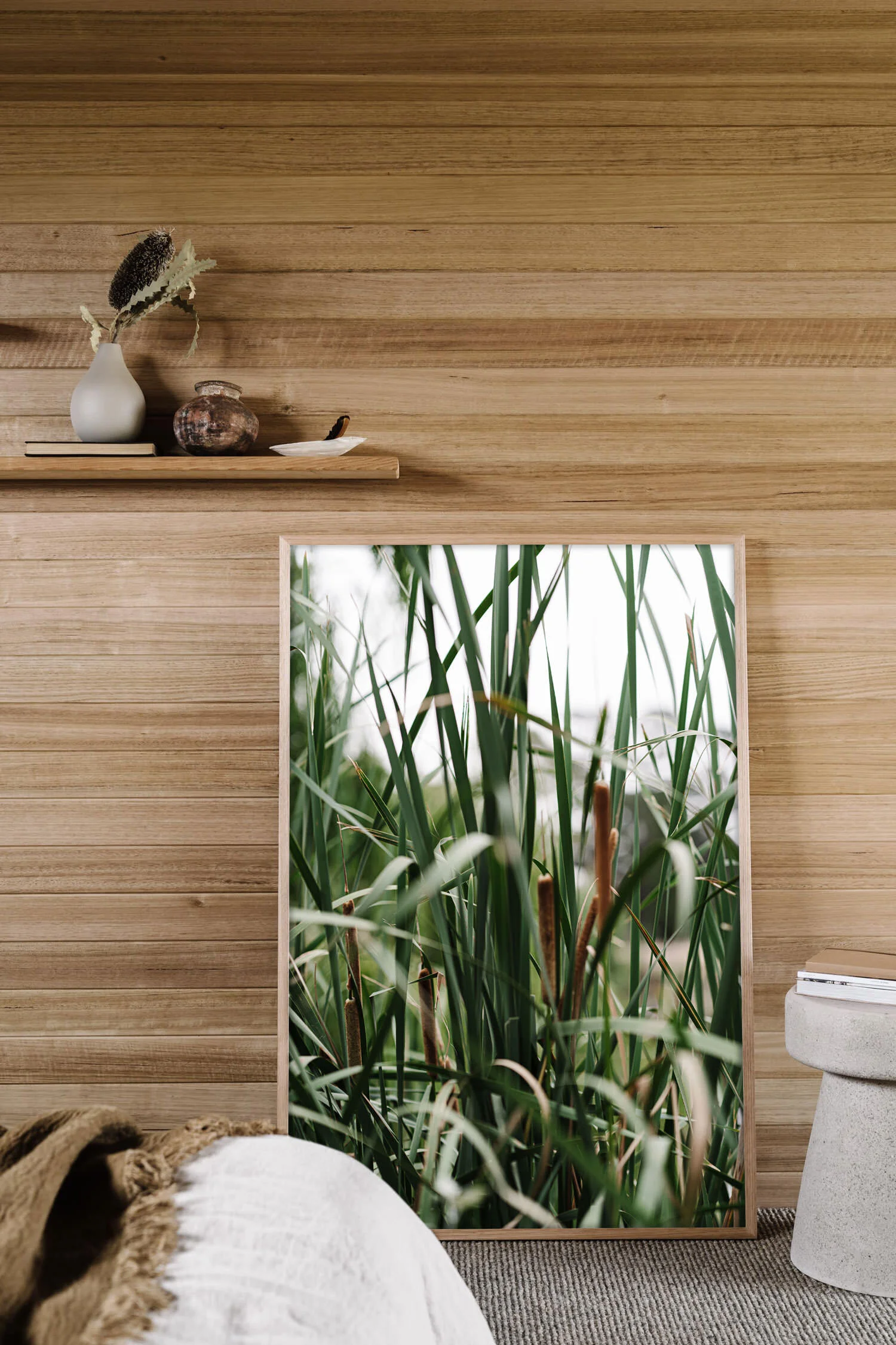 Reeds of Riddells Creek print in a timber-lined room