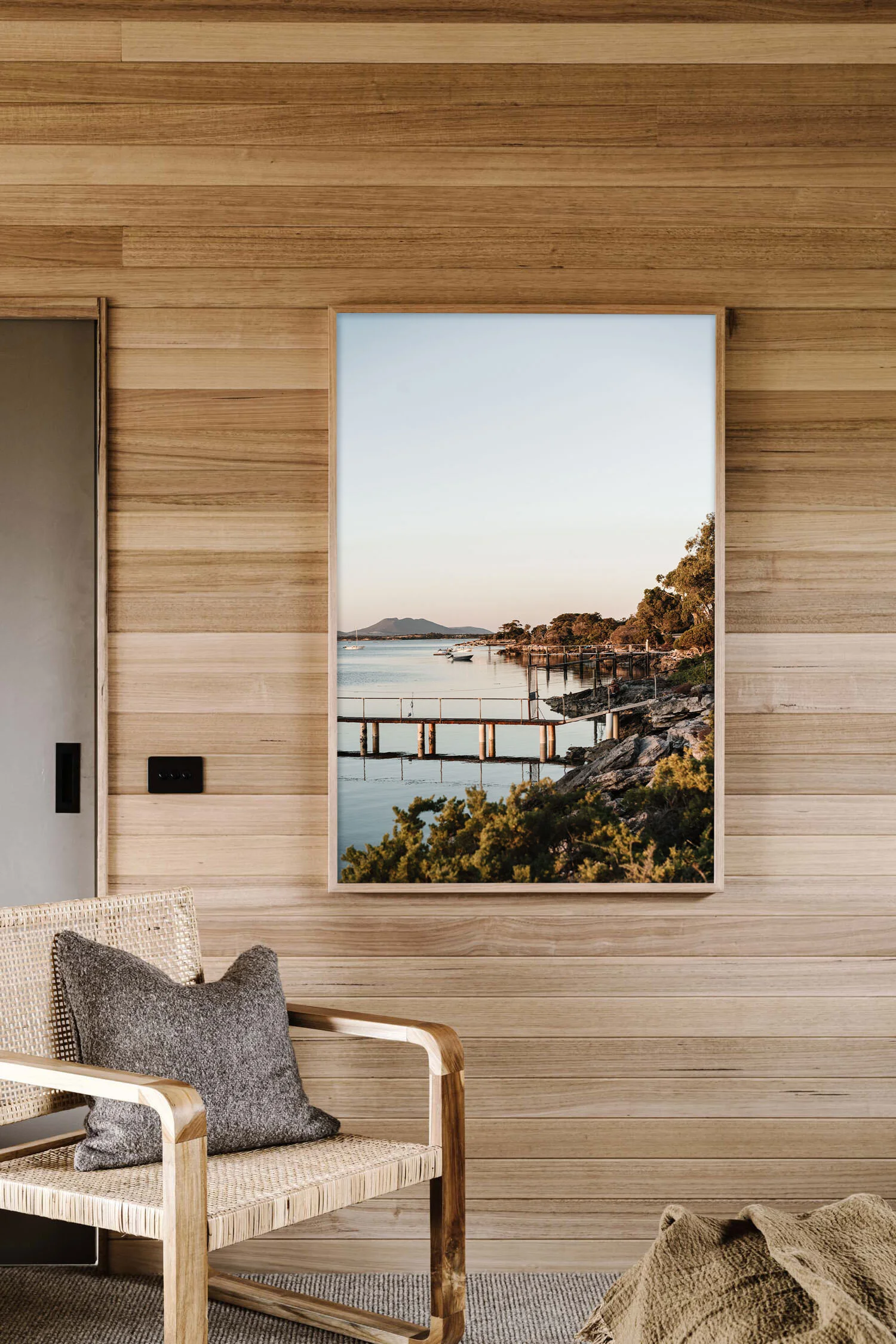 Still as Glass, Coffin Bay print in a timber-lined room