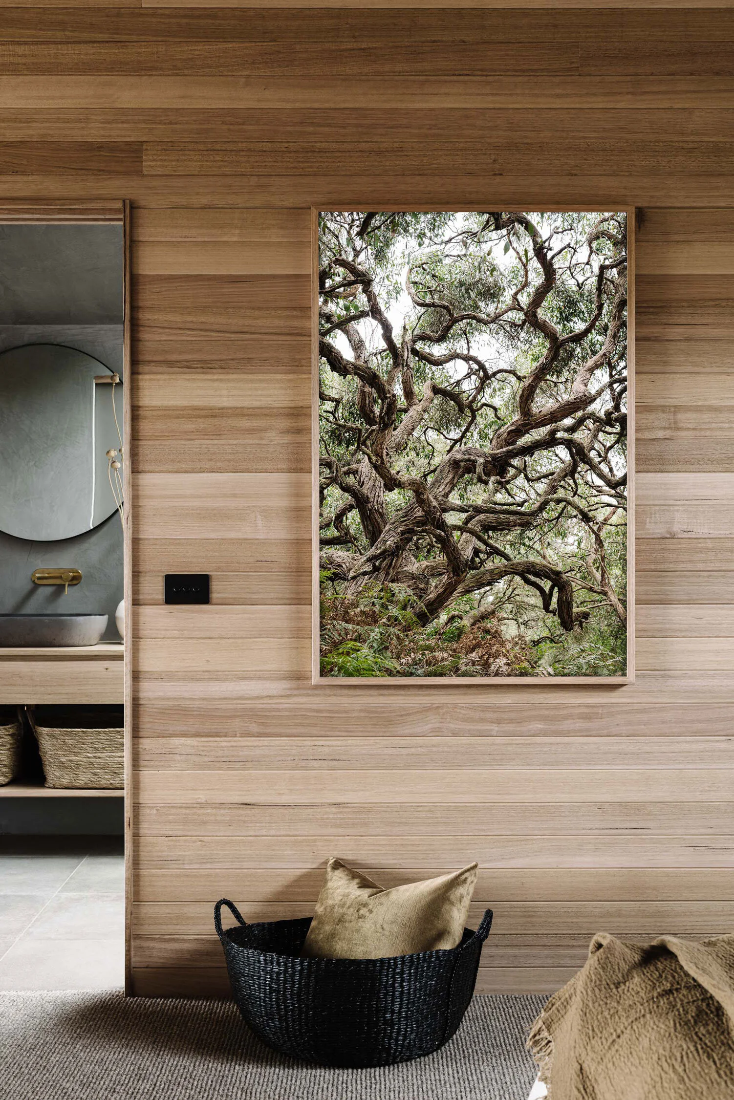 Gnarled and Knobbly print in a timber-lined room