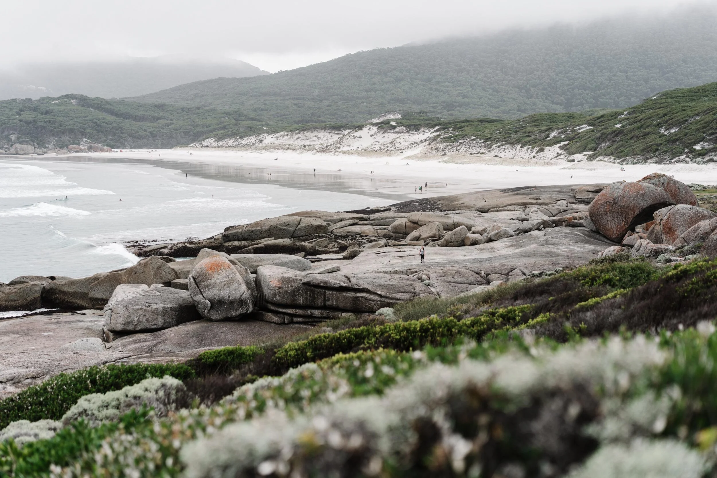 Squeaky Beach and misty hills at Wilsons Prom, landscape crop
