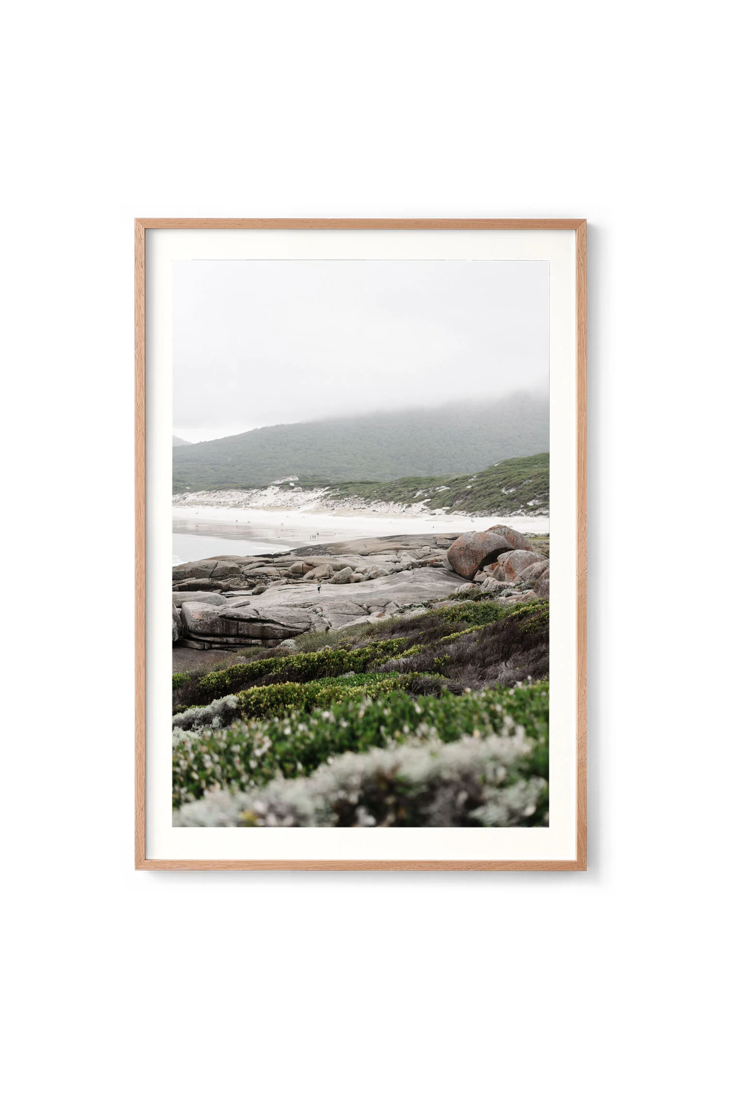 Squeaky Beach print in an oak frame, portrait orientation