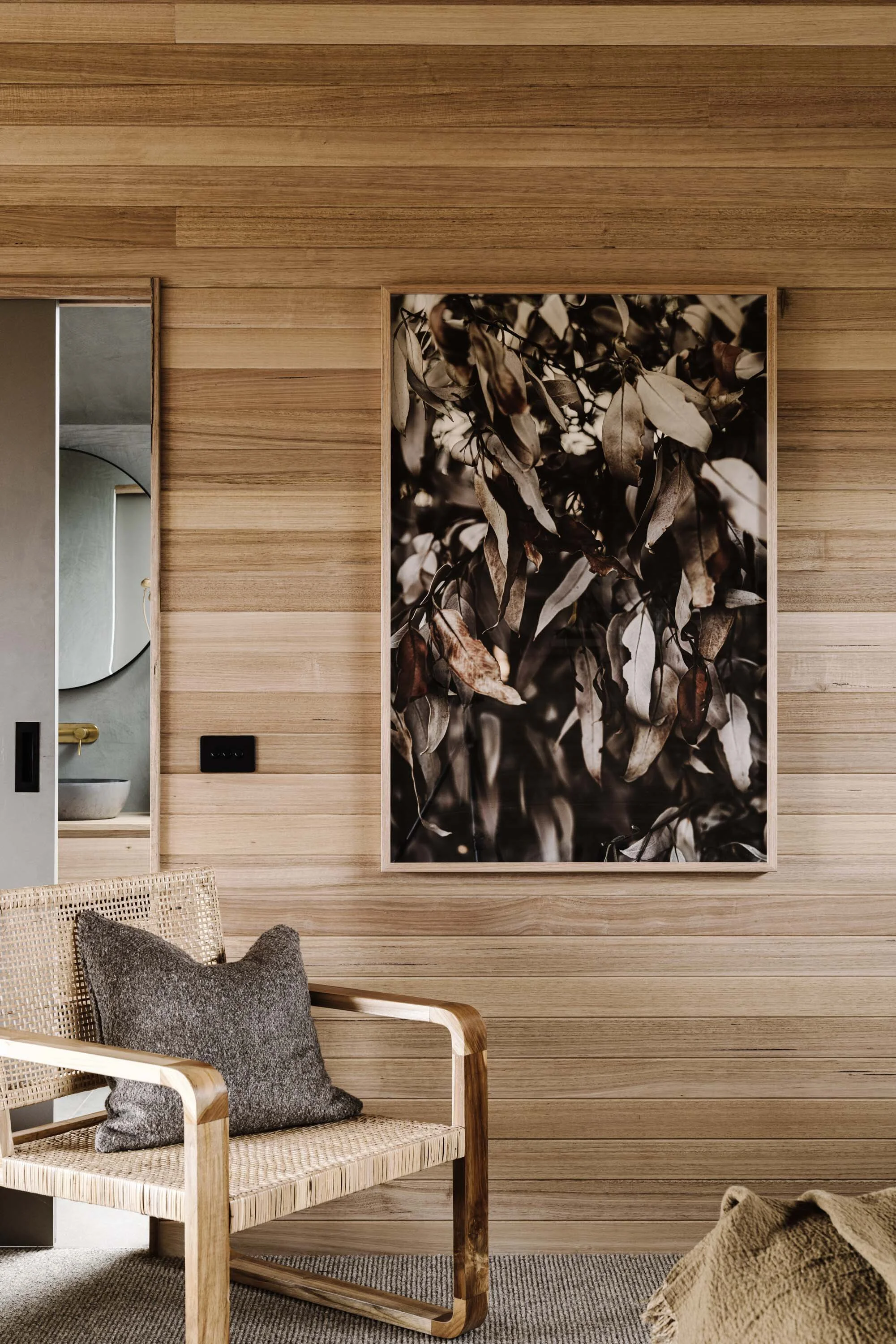 Sunburnt Leaves print in a timber-lined room