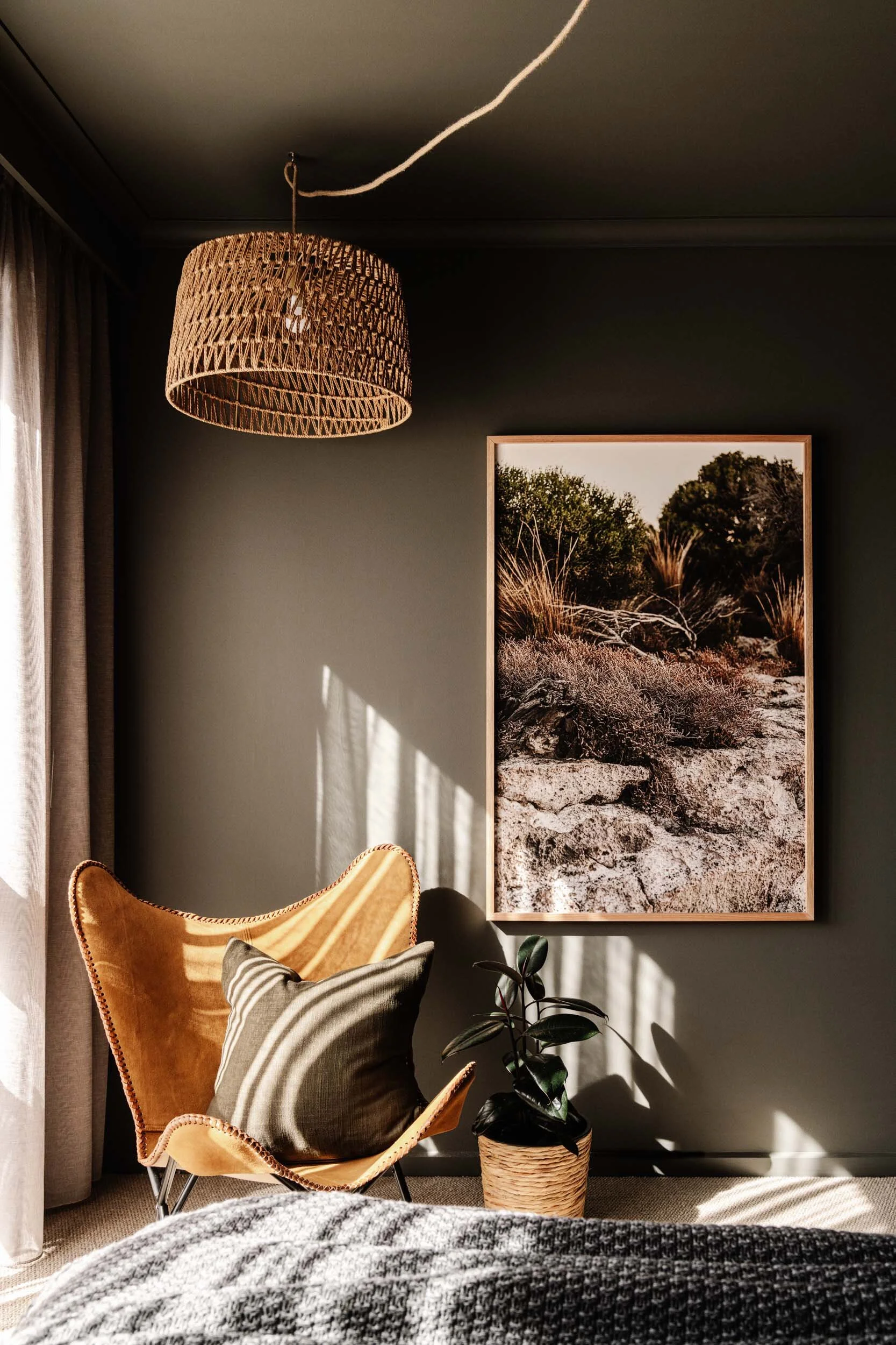 Waiting for Pizza in Coffin Bay print hanging in a dark bedroom