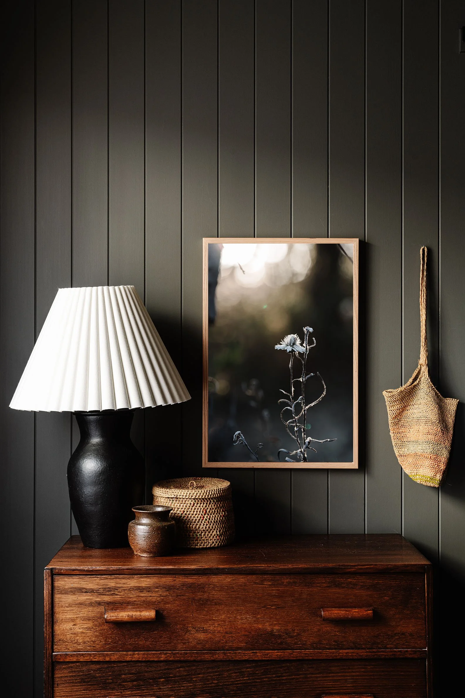 Aldinga Scrubland print on a timber dresser beside a lamp